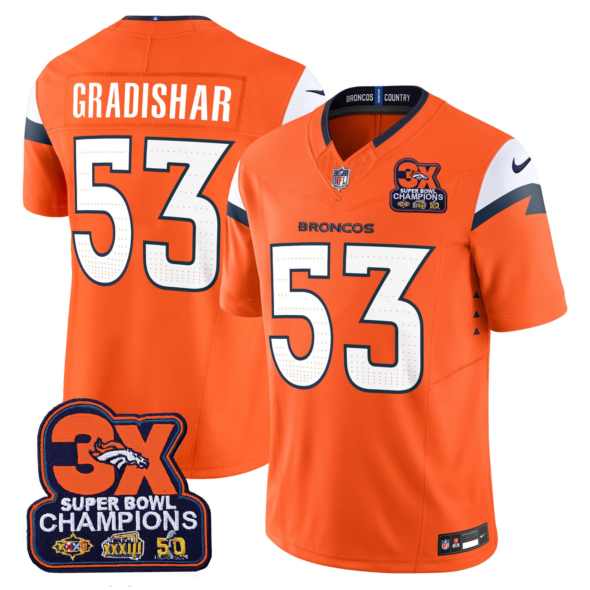 Men's Randy Gradishar Denver Broncos 3-Time Champions Patch Vapor Limited Orange Jersey - All Stitched