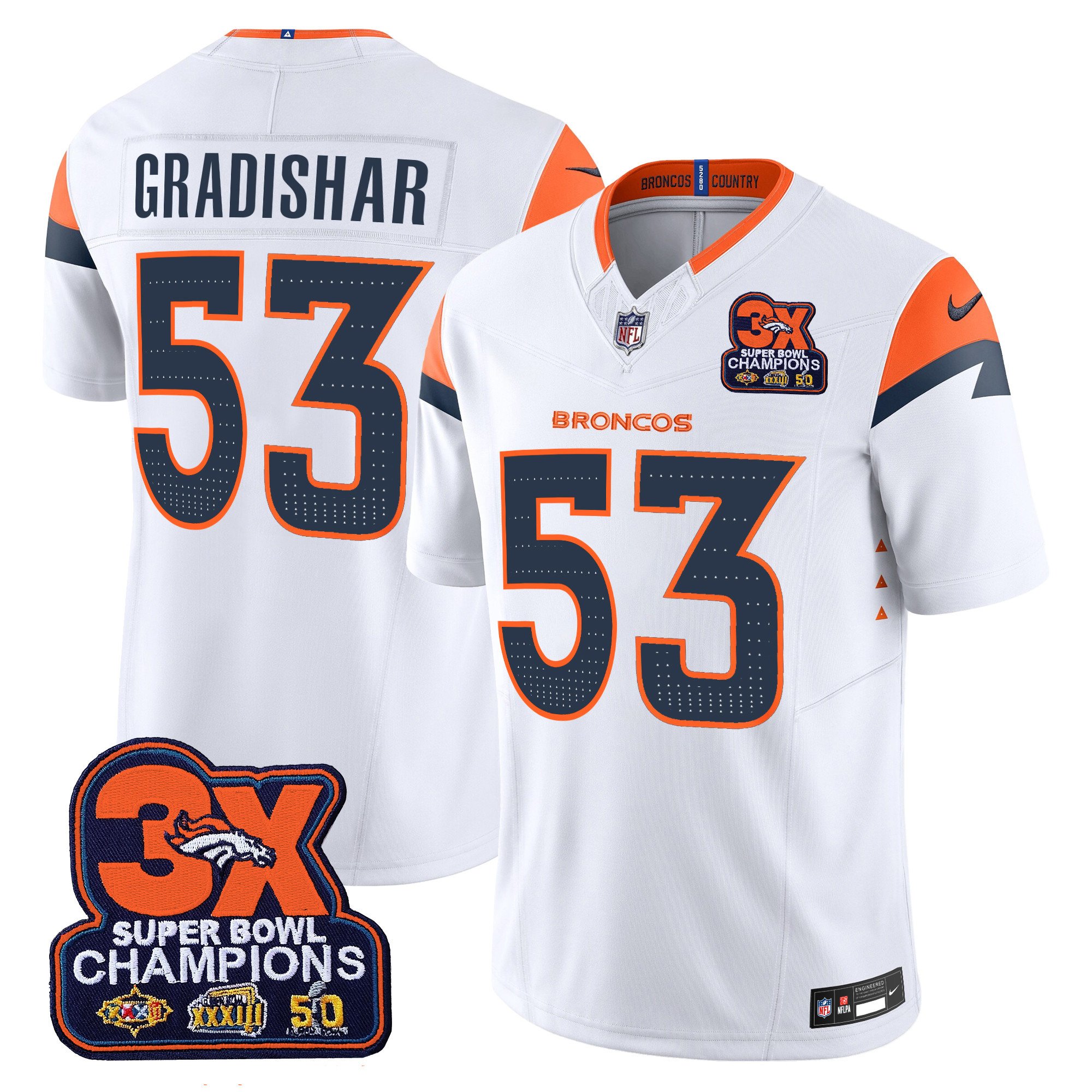 Men's Randy Gradishar Denver Broncos 3-Time Champions Patch Vapor Limited White Jersey - All Stitched