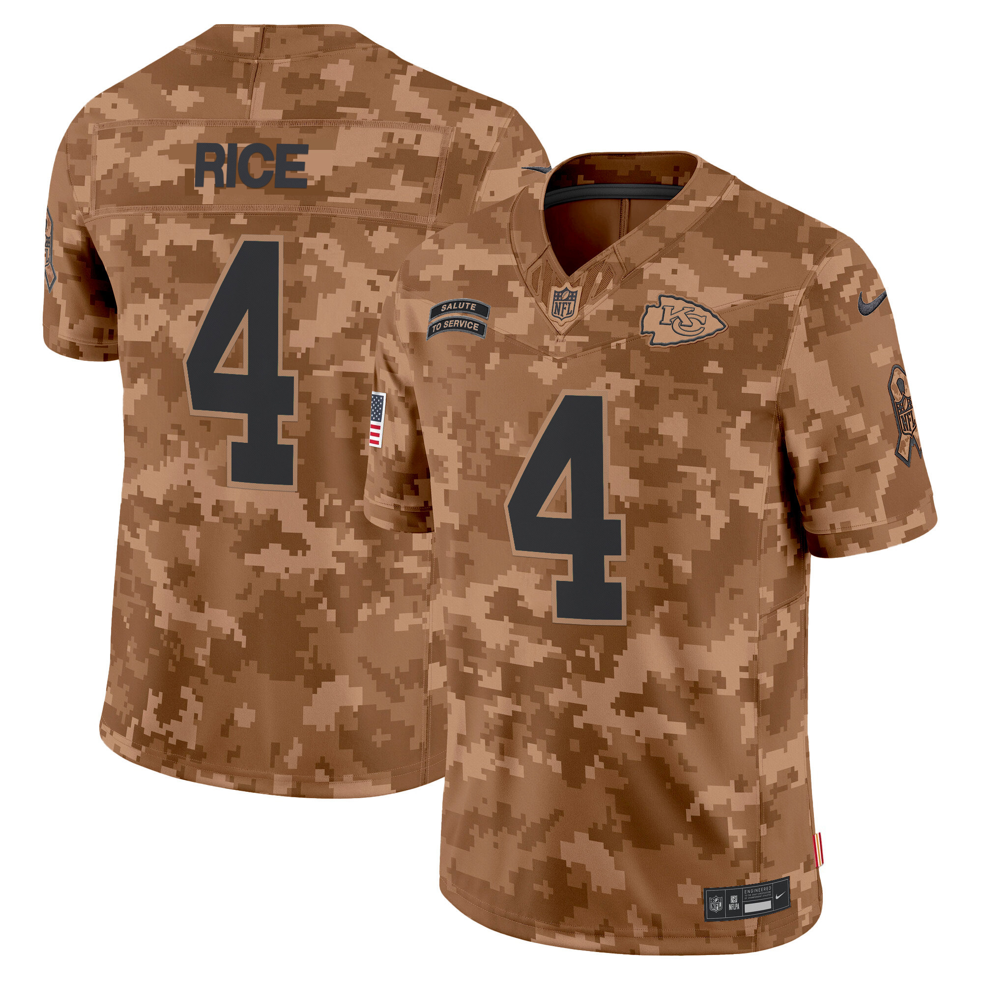 Men's Rashee Rice Kansas City Chiefs 2024 Salute to Service Vapor Limited Brown Camo Jersey - All stitched