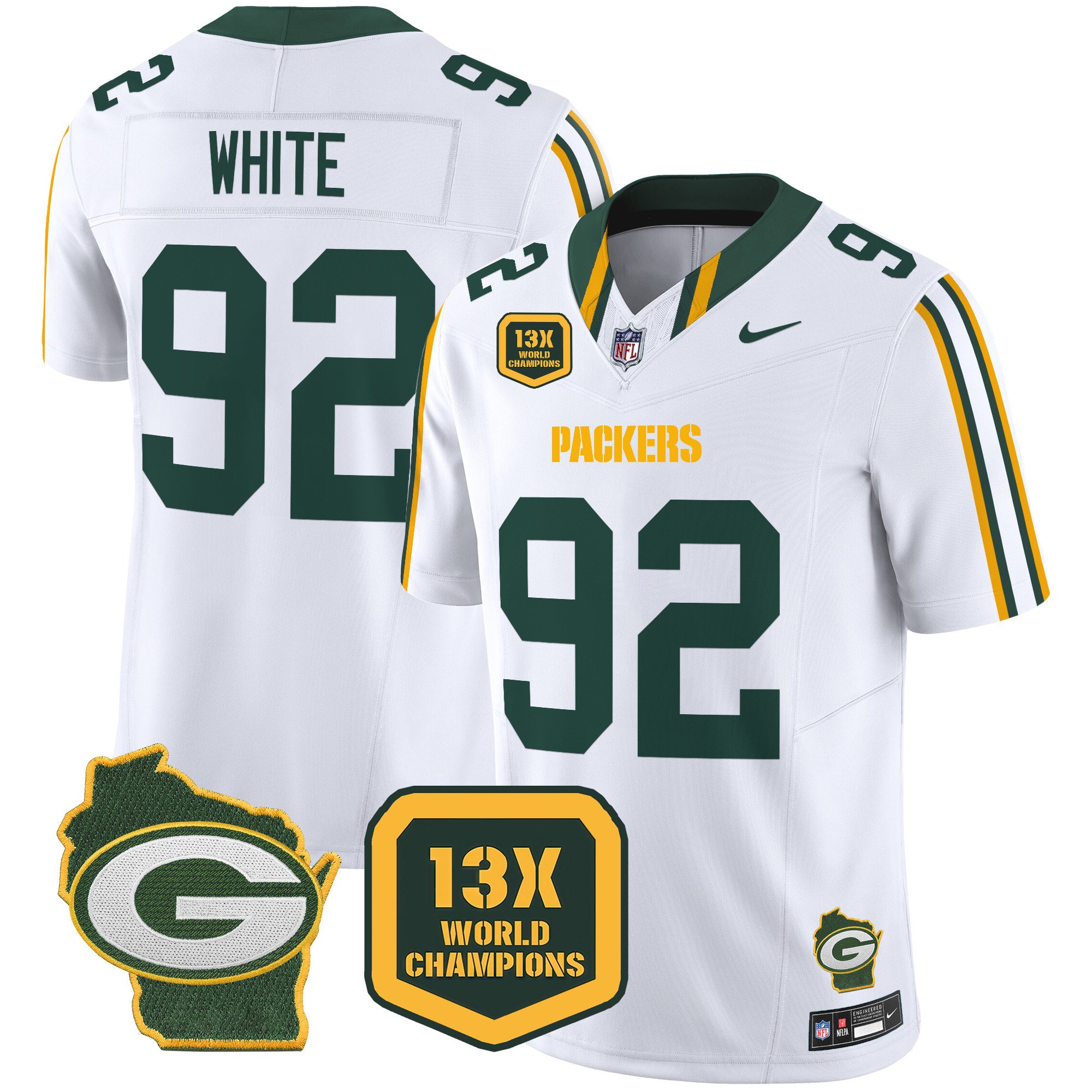 Men's Reggie White Green Bay Packers 13 Time World Champions & Home Patch Vapor Limited White Jersey â€“ All Stitched