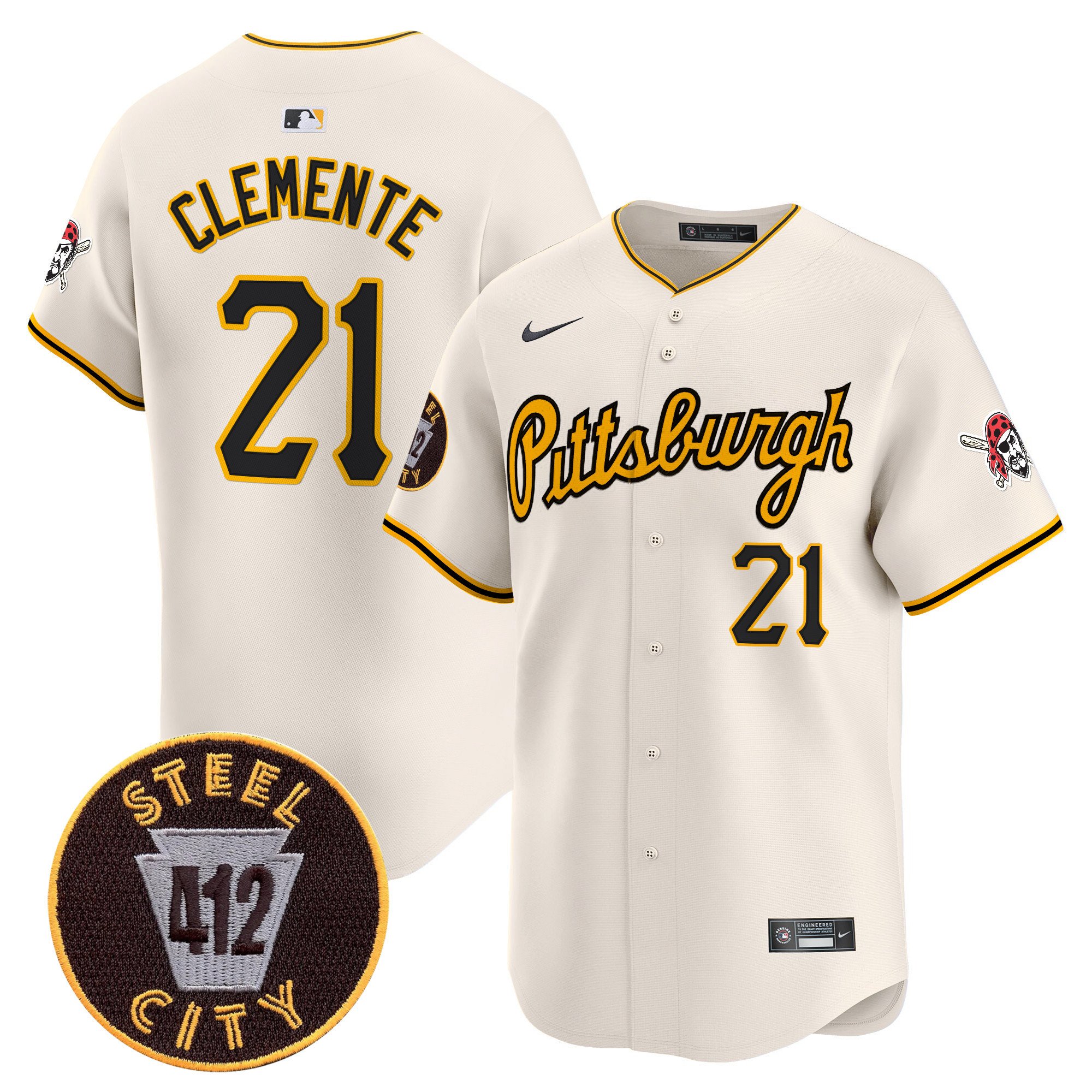 Men's Roberto Clemente Pittsburgh Pirates 412 Patch Vapor Premier Limited Cream Jersey V4 - All Stitched