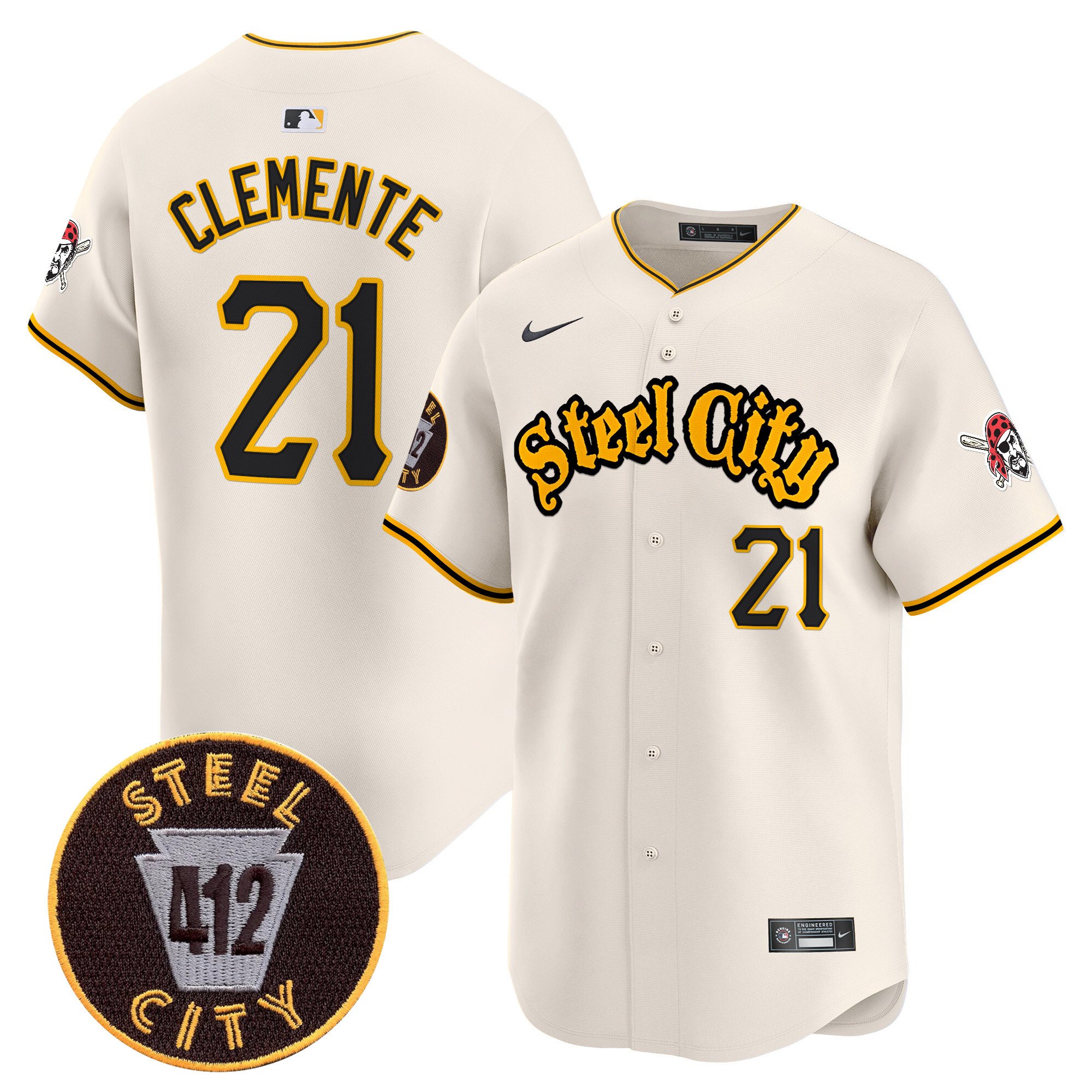 Men's Roberto Clemente Pittsburgh Pirates 412 Patch Vapor Premier Limited Cream Jersey V5 - All Stitched