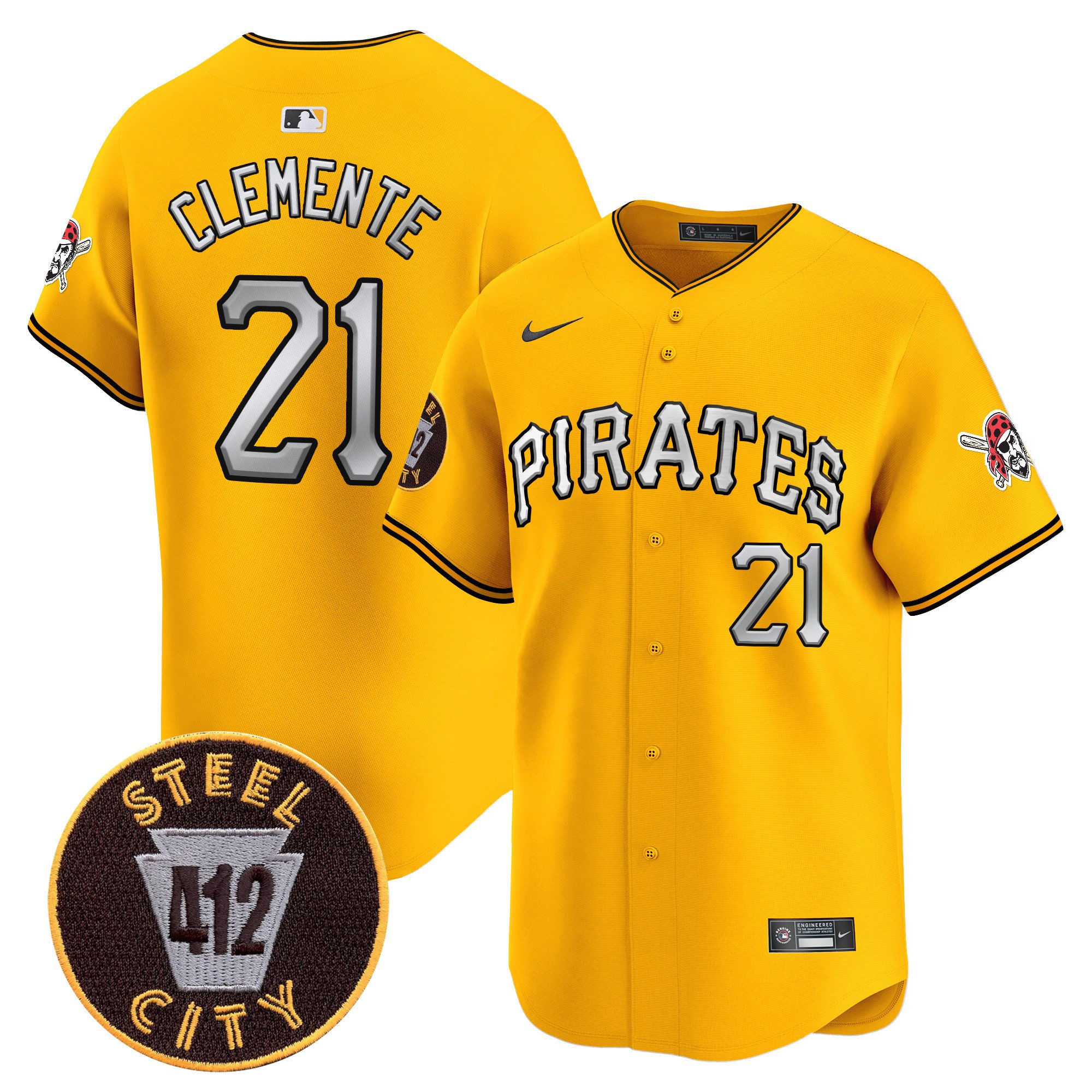 Men's Roberto Clemente Pittsburgh Pirates 412 Patch Vapor Premier Limited Gold Jersey V6 - All Stitched