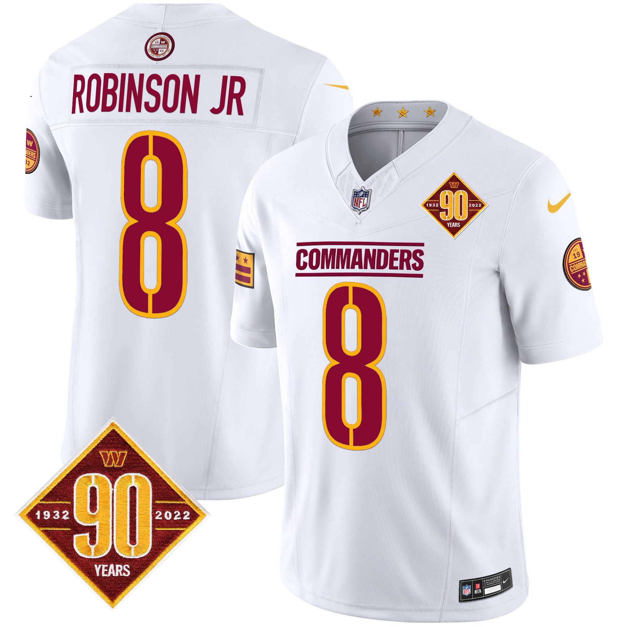 Men's Robinson Jr. Washington Commanders 90th Anniversary Patch Vapor Limited White Jersey - All Stitched