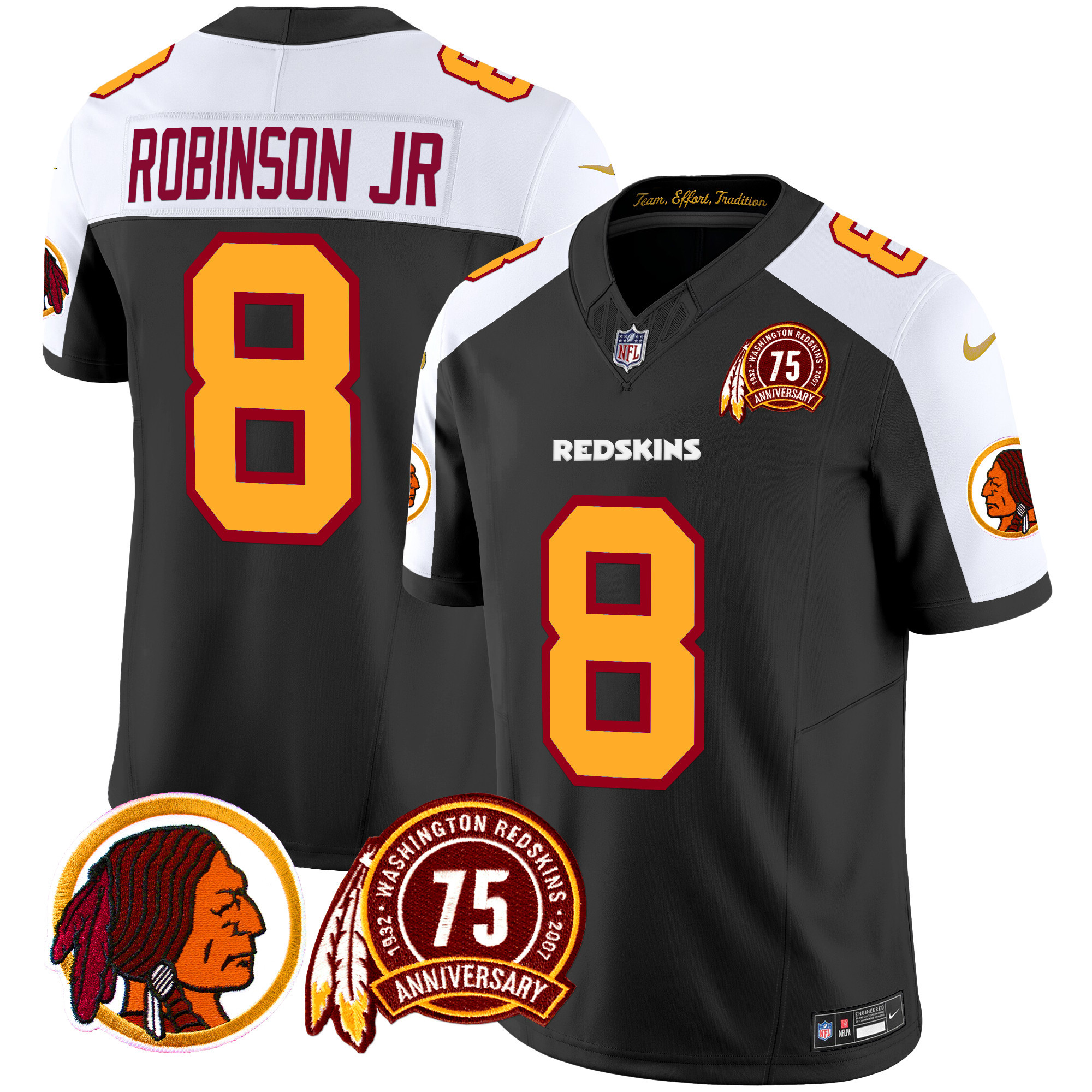 Men's Robinson Jr. Washington Redskins 75th Patch Throwback Vapor Limited Black Alternate Jersey - All Stitched