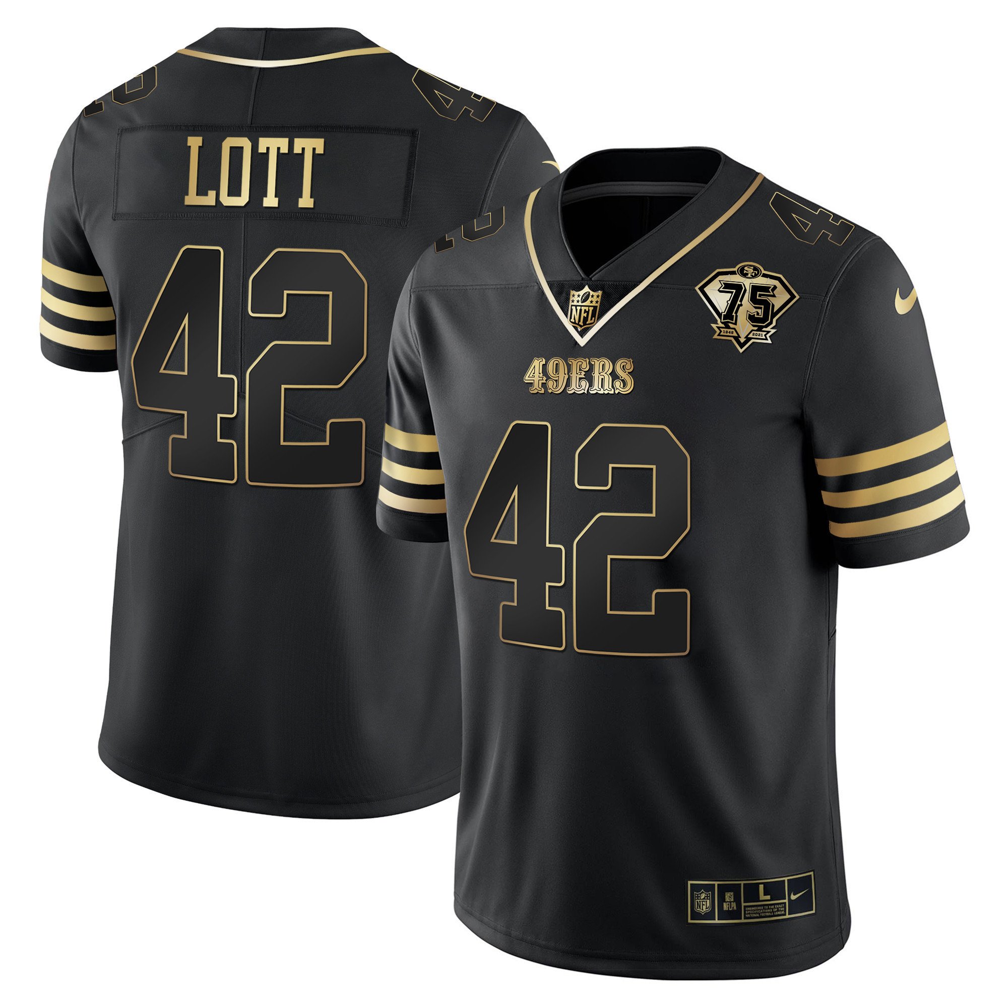 Men's Ronnie Lott San Francisco 49ers 75th Anniversary Patch Vapor Gold Black Gold Jersey - All Stitched