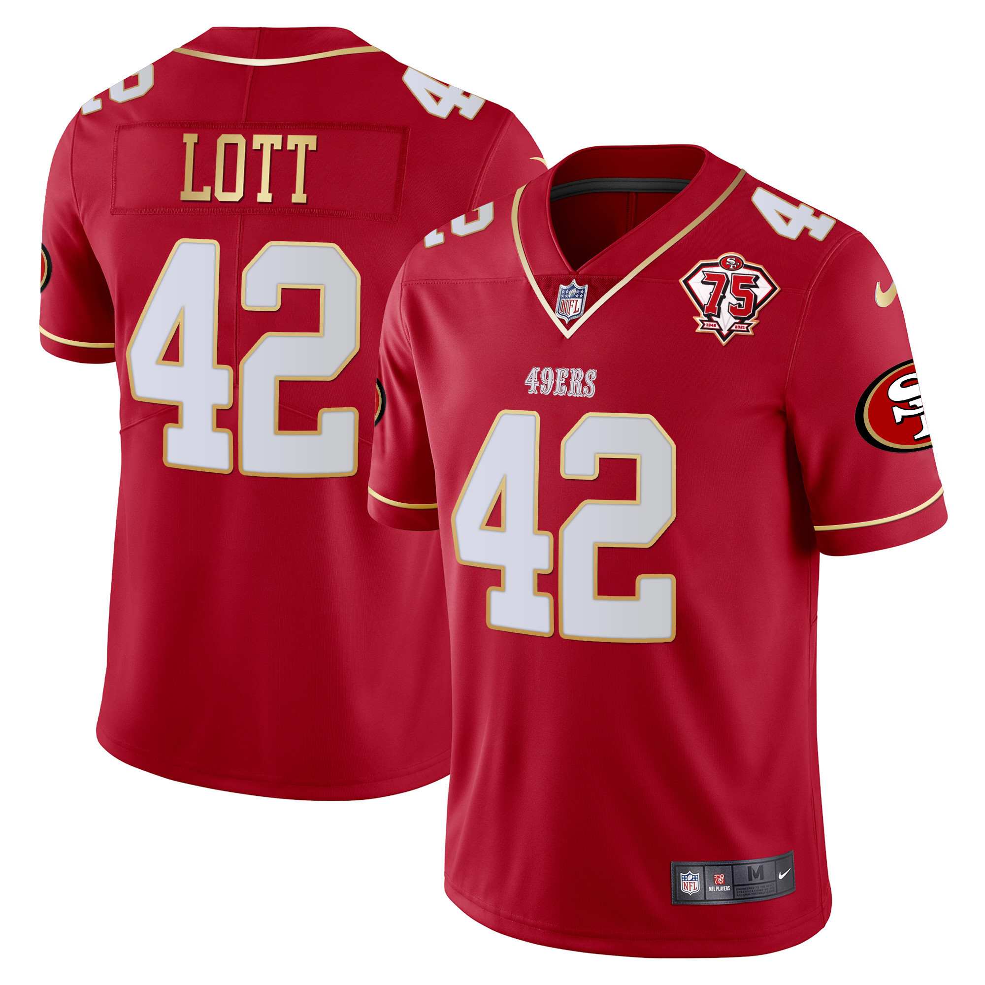 Men's Ronnie Lott San Francisco 49ers 75th Anniversary Patch Vapor Gold Trim Red Gold Jersey V2 - All Stitched