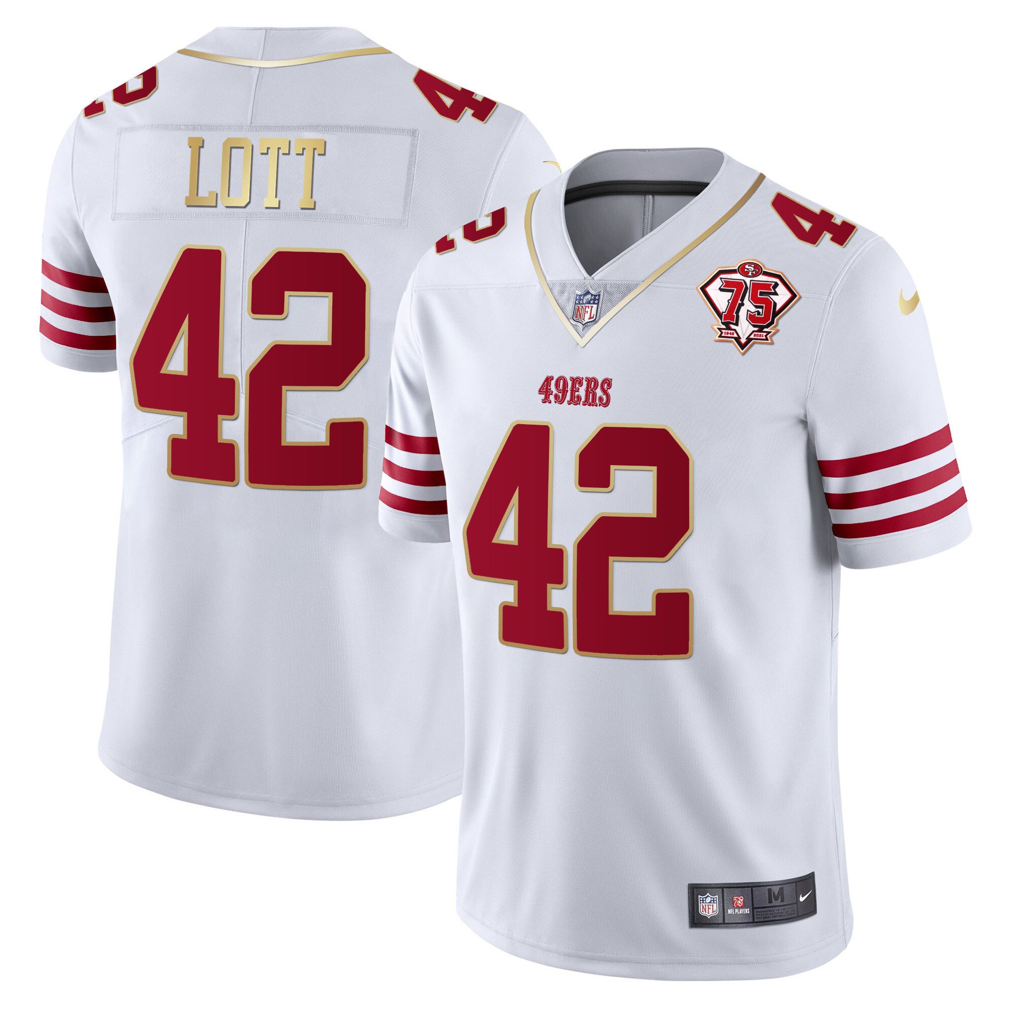Men's Ronnie Lott San Francisco 49ers 75th Anniversary Patch Vapor Gold Trim White Gold Jersey - All Stitched