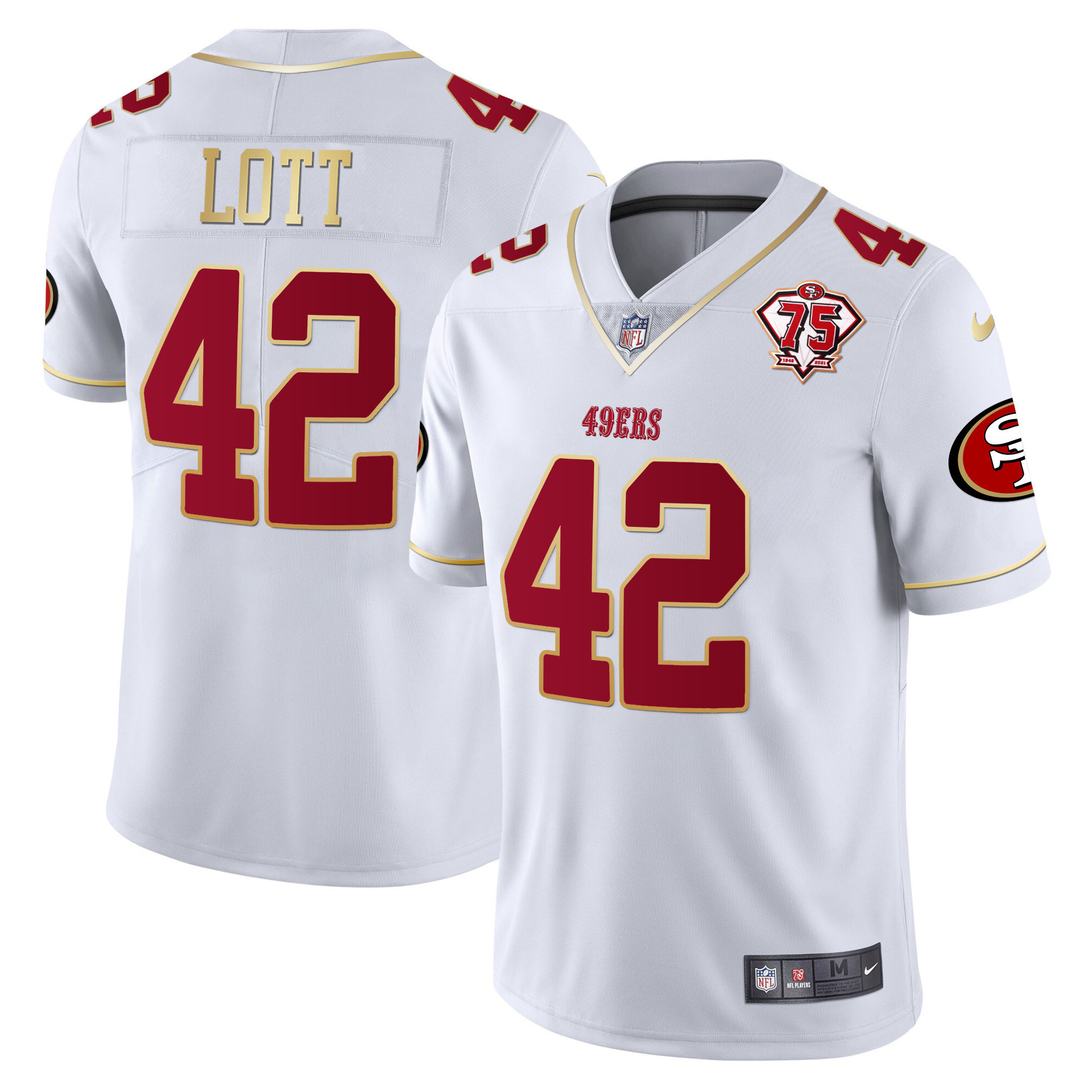 Men's Ronnie Lott San Francisco 49ers 75th Anniversary Patch Vapor Gold Trim White Gold Jersey V2 - All Stitched