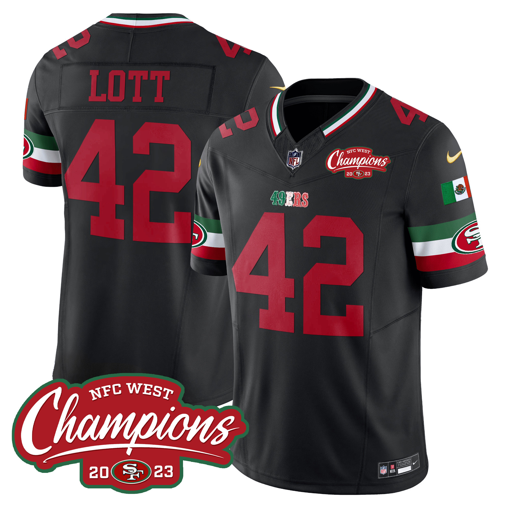 Men's Ronnie Lott San Francisco 49ers Mexico 2023 NFC West Champions Patch Vapor Black Jersey - All Stitched