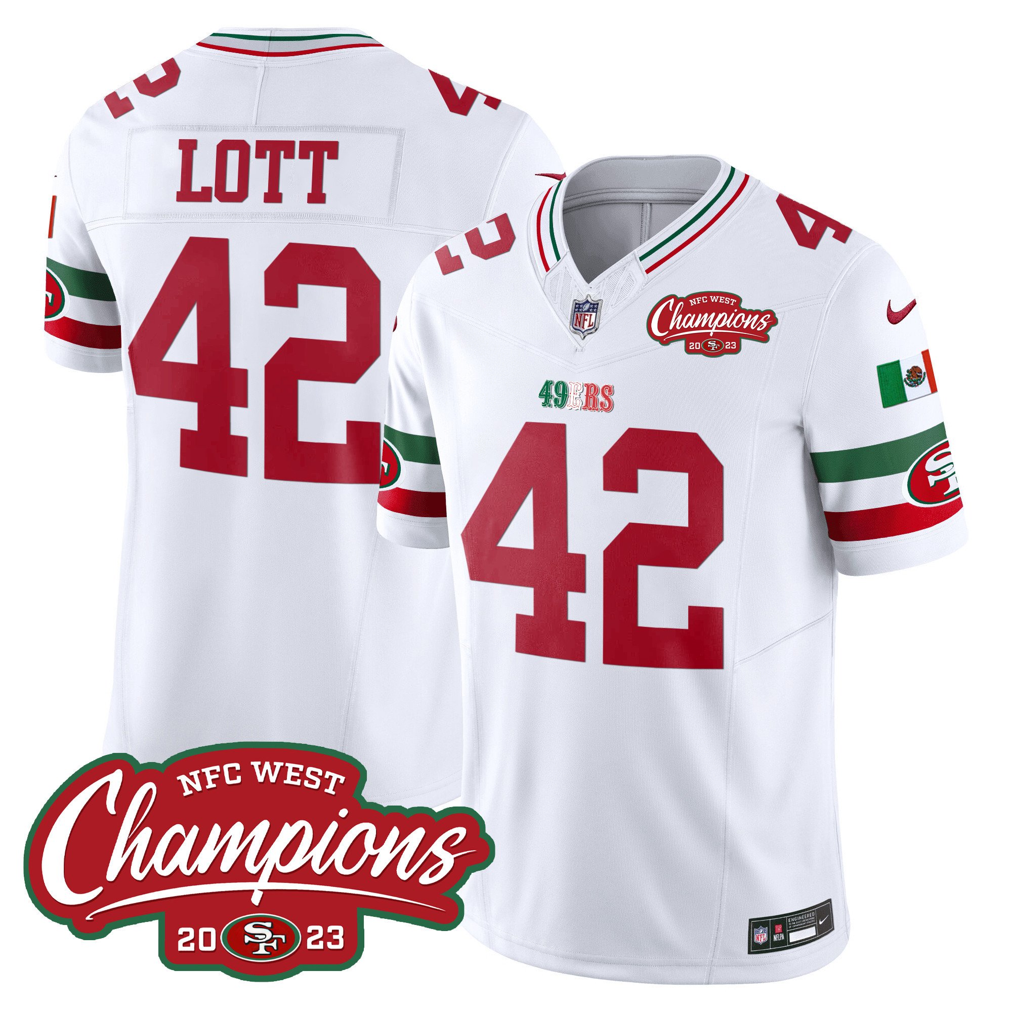 Men's Ronnie Lott San Francisco 49ers Mexico 2023 NFC West Champions Patch Vapor White Jersey - All Stitched