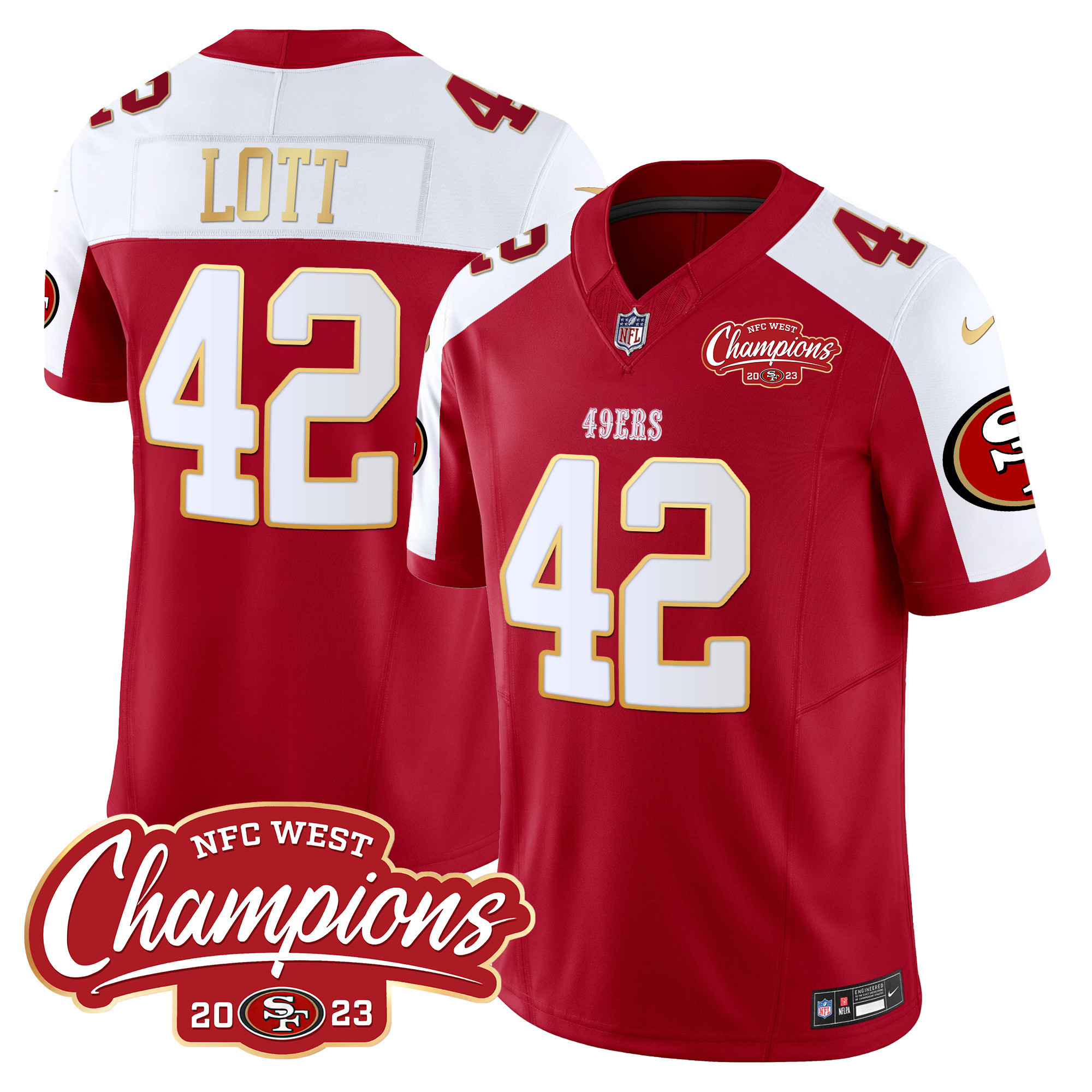 Men's Ronnie Lott San Francisco 49ers NFC West Champions Gold Trim Vapor Red Alternate Jersey - All Stitched