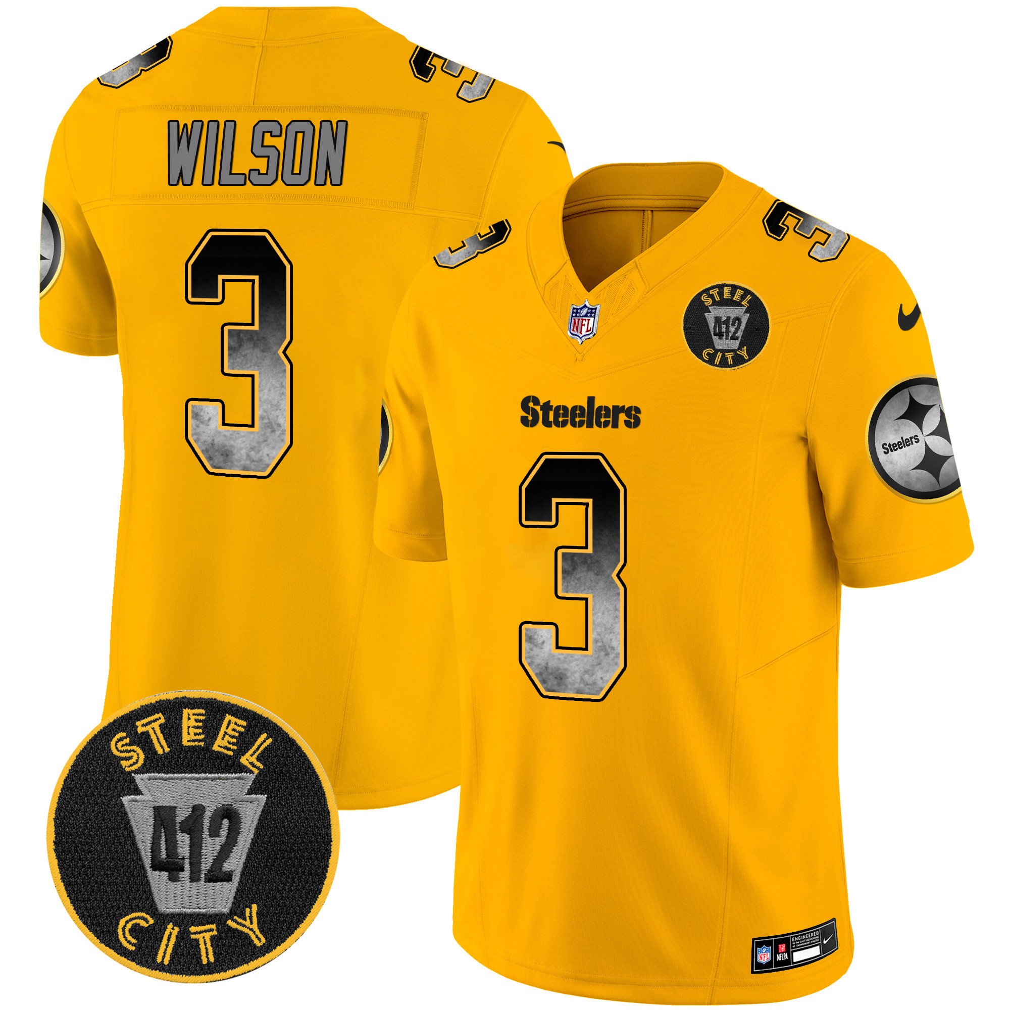Men's Russell Wilson Pittsburgh Steelers Arch Smoke 412 Patch Vapor Limited Gold Jersey - All Stitched