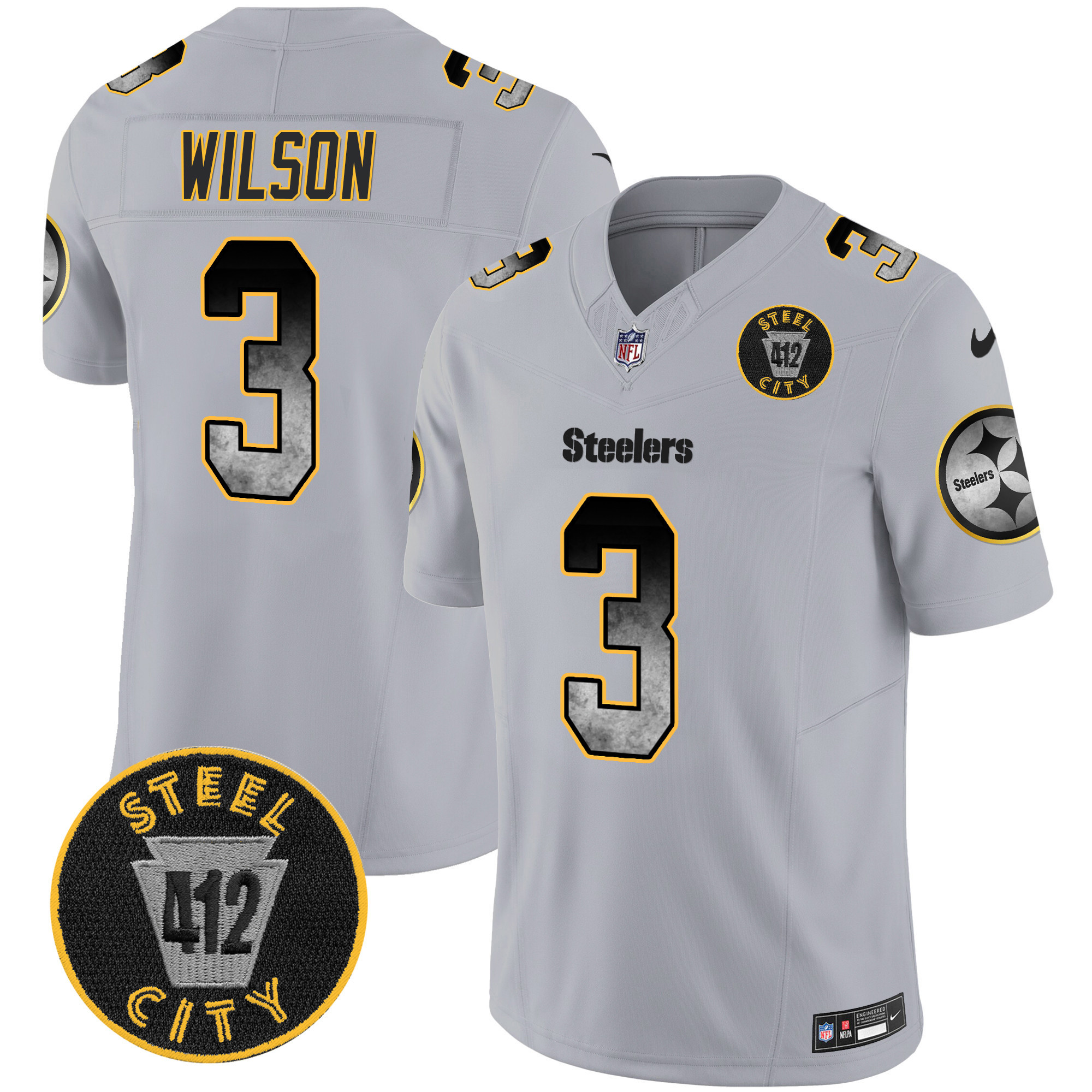 Men's Russell Wilson Pittsburgh Steelers Arch Smoke 412 Patch Vapor Limited Gray Jersey - All Stitched