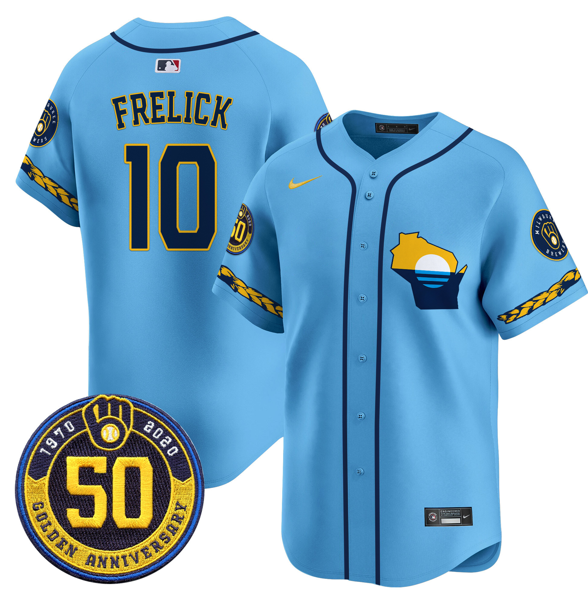 Men's Sal Frelick Milwaukee Brewers Golden 50th Anniversary Patch Vapor Premier Limited Blue Jersey - All Stitched