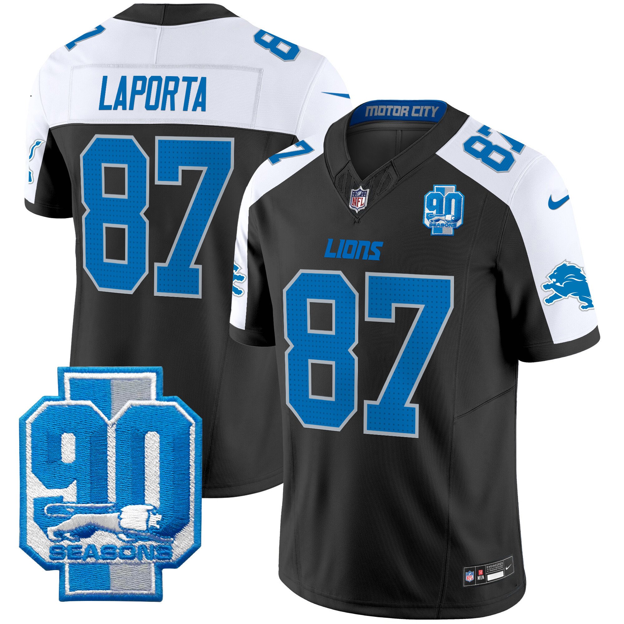 Men's Sam Laporta Detroit Lions 90th Year Patch Vapor Limited Black Alternate Jersey - All Stitched