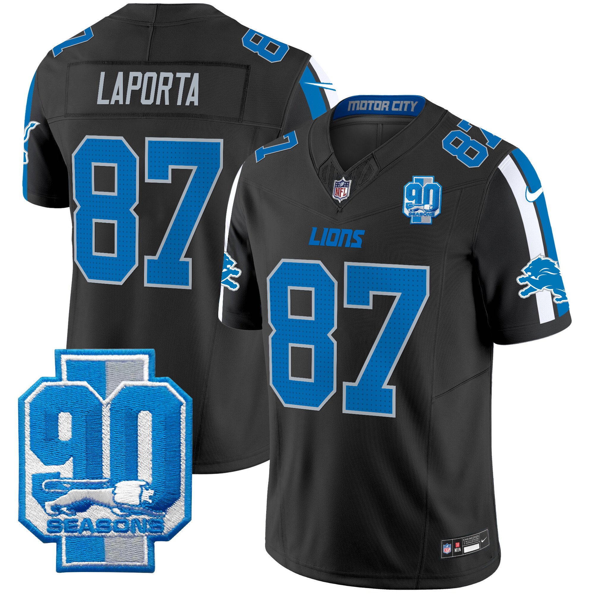 Men's Sam Laporta Detroit Lions 90th Year Patch Vapor Limited Black Jersey - All Stitched