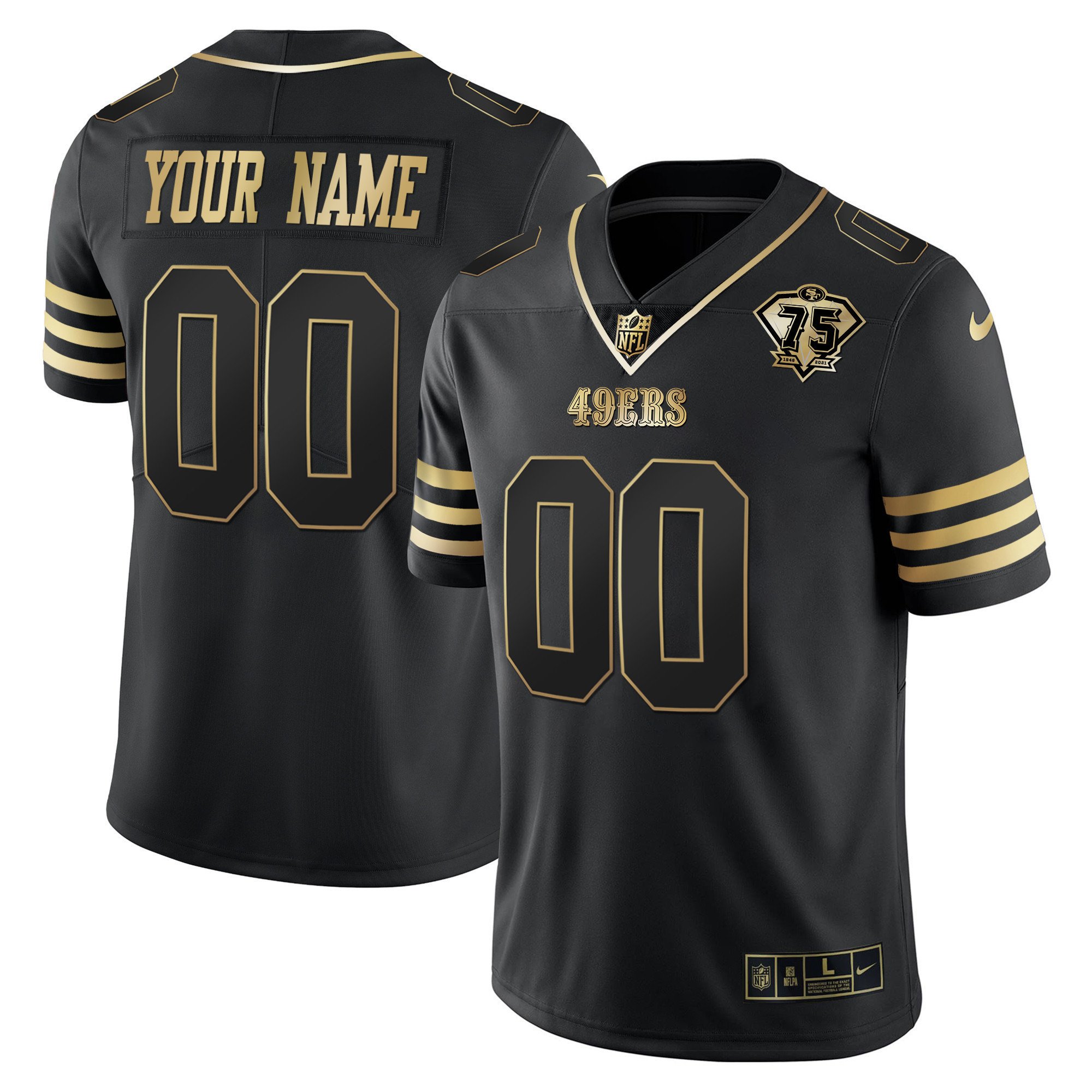 Men's San Francisco 49ers 75th Anniversary Patch Vapor Gold Custom Black Gold Jersey - All Stitched