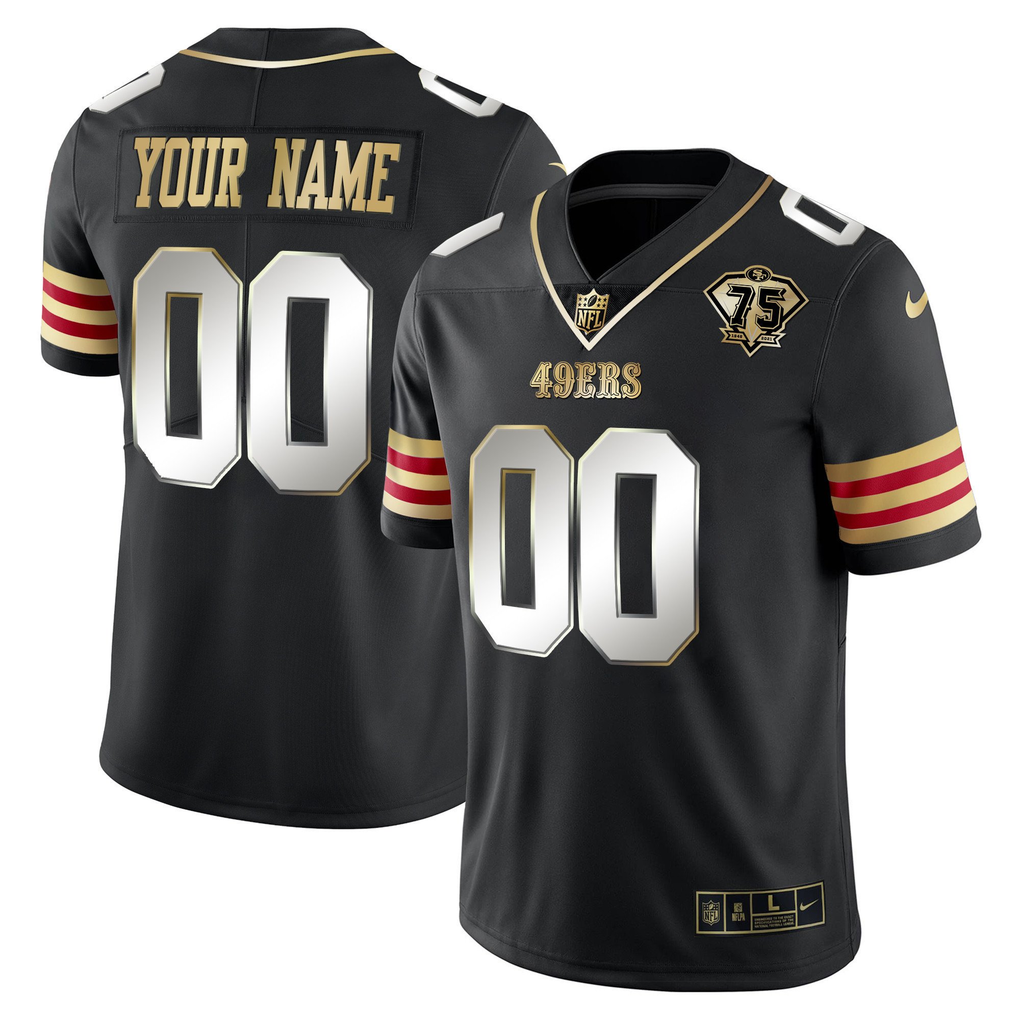Men's San Francisco 49ers 75th Anniversary Patch Vapor Gold Custom Black Limited Jersey V2 - All Stitched