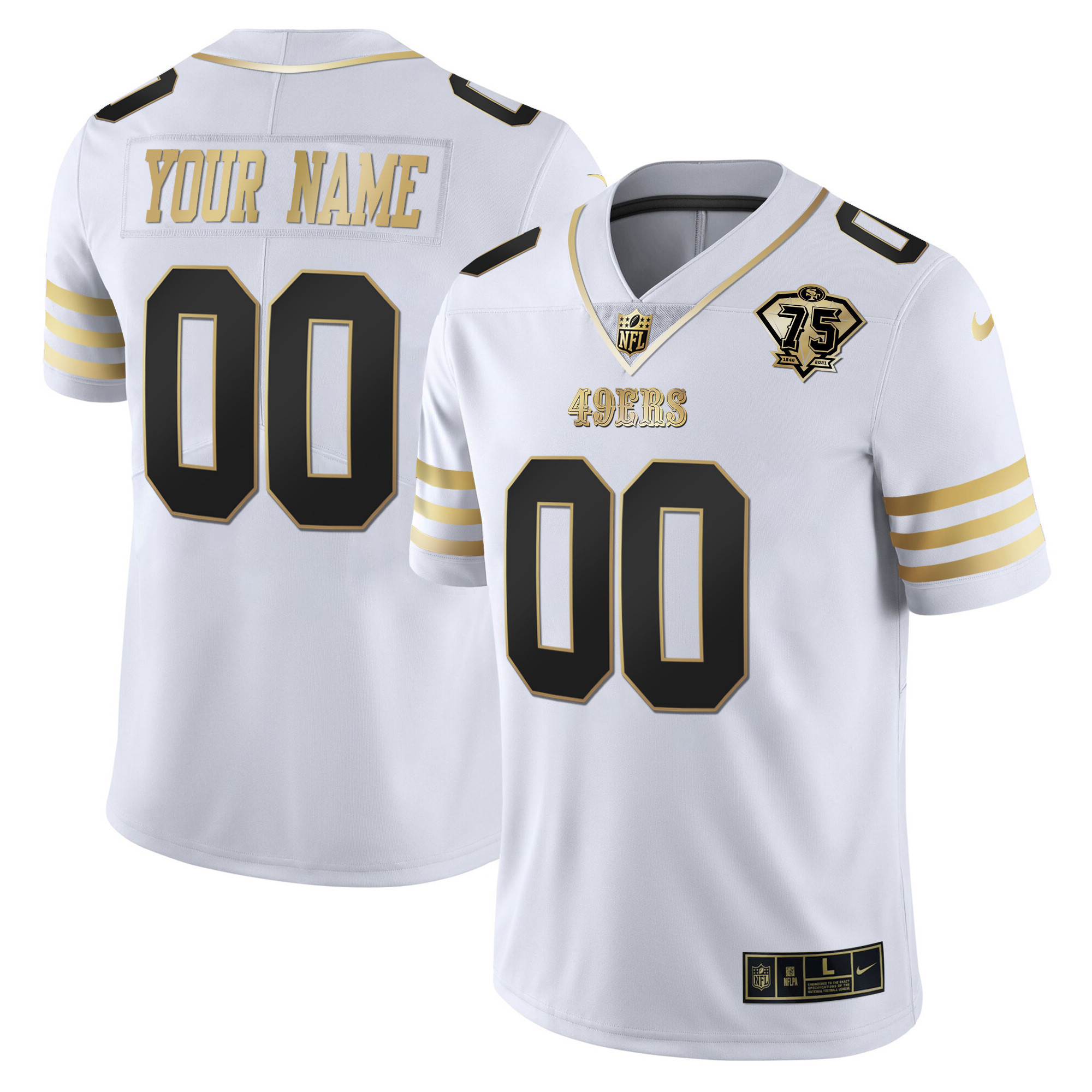 Men's San Francisco 49ers 75th Anniversary Patch Vapor Gold Custom White Gold Jersey - All Stitched