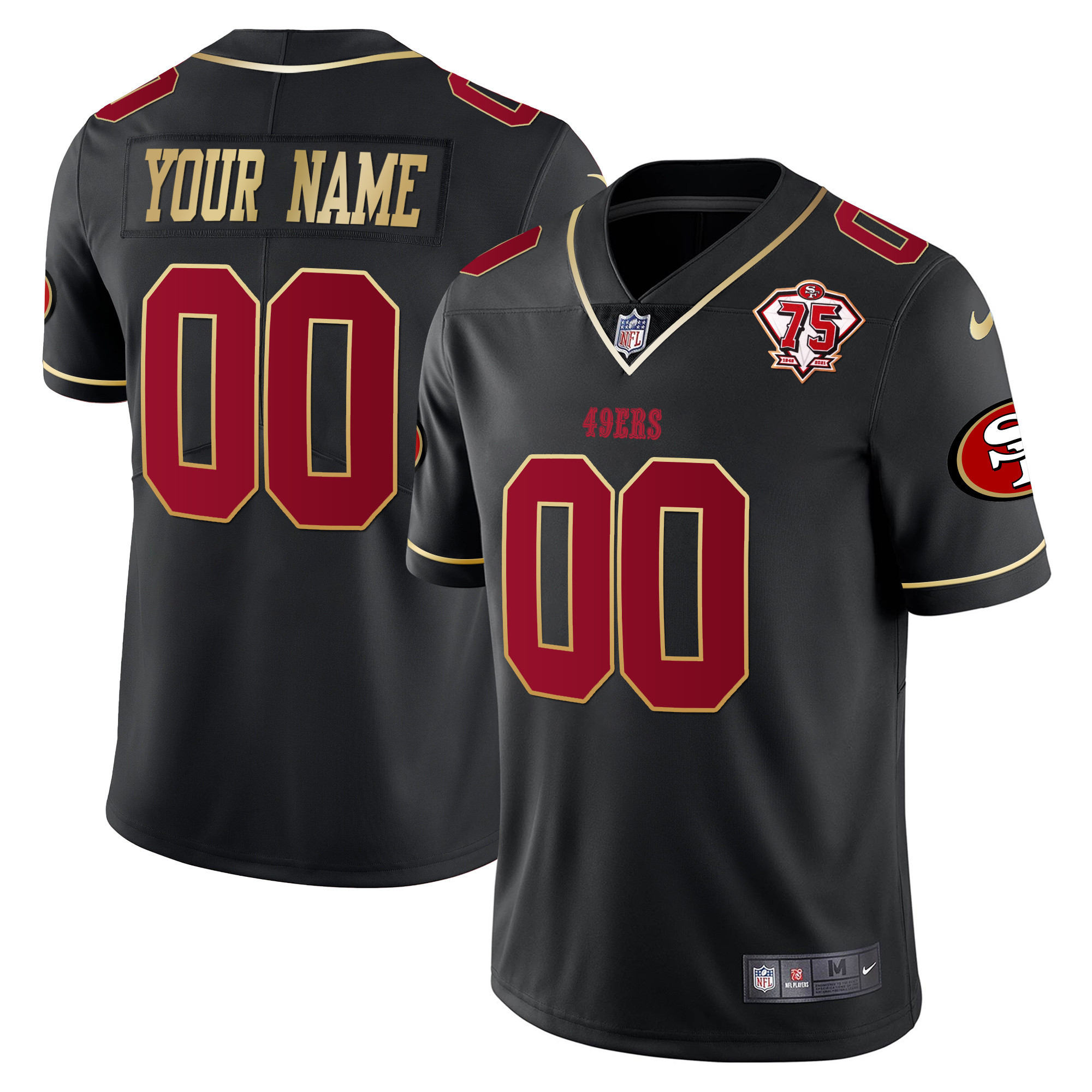 Men's San Francisco 49ers 75th Anniversary Patch Vapor Gold Trim Custom Black Gold Jersey V2 - All Stitched