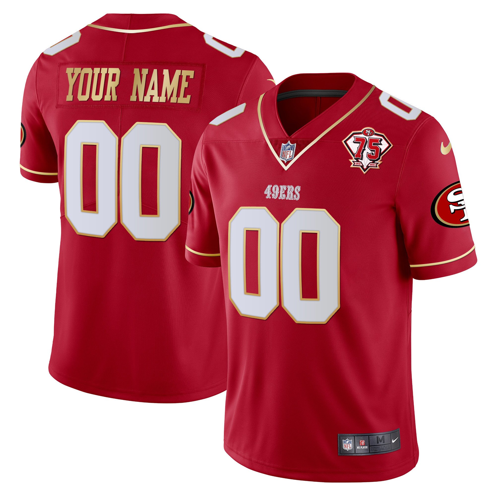 Men's San Francisco 49ers 75th Anniversary Patch Vapor Gold Trim Custom Red Gold Jersey V2 - All Stitched