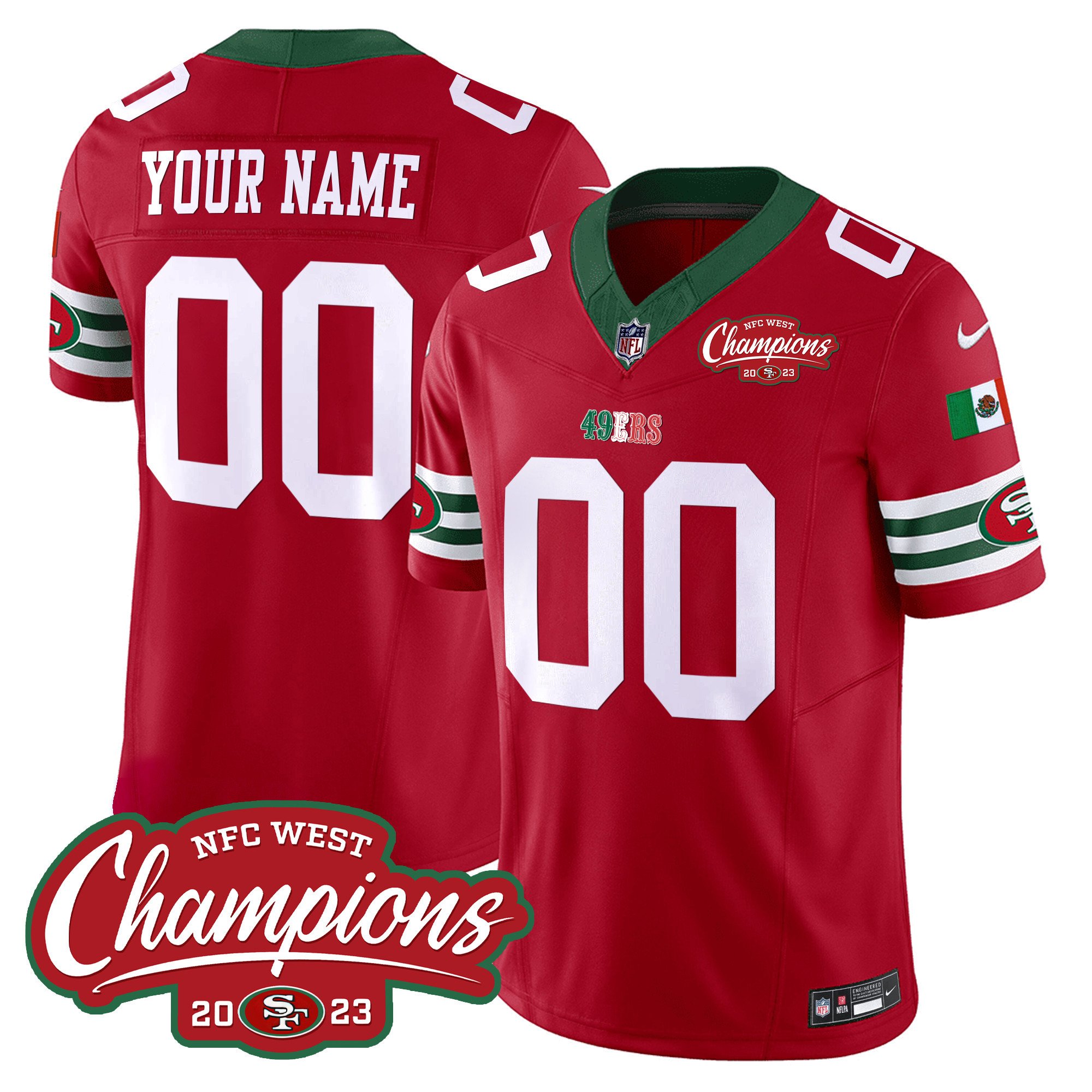 Men's San Francisco 49ers Mexico 2023 NFC West Champions Patch Vapor Custom Red Jersey - All Stitched