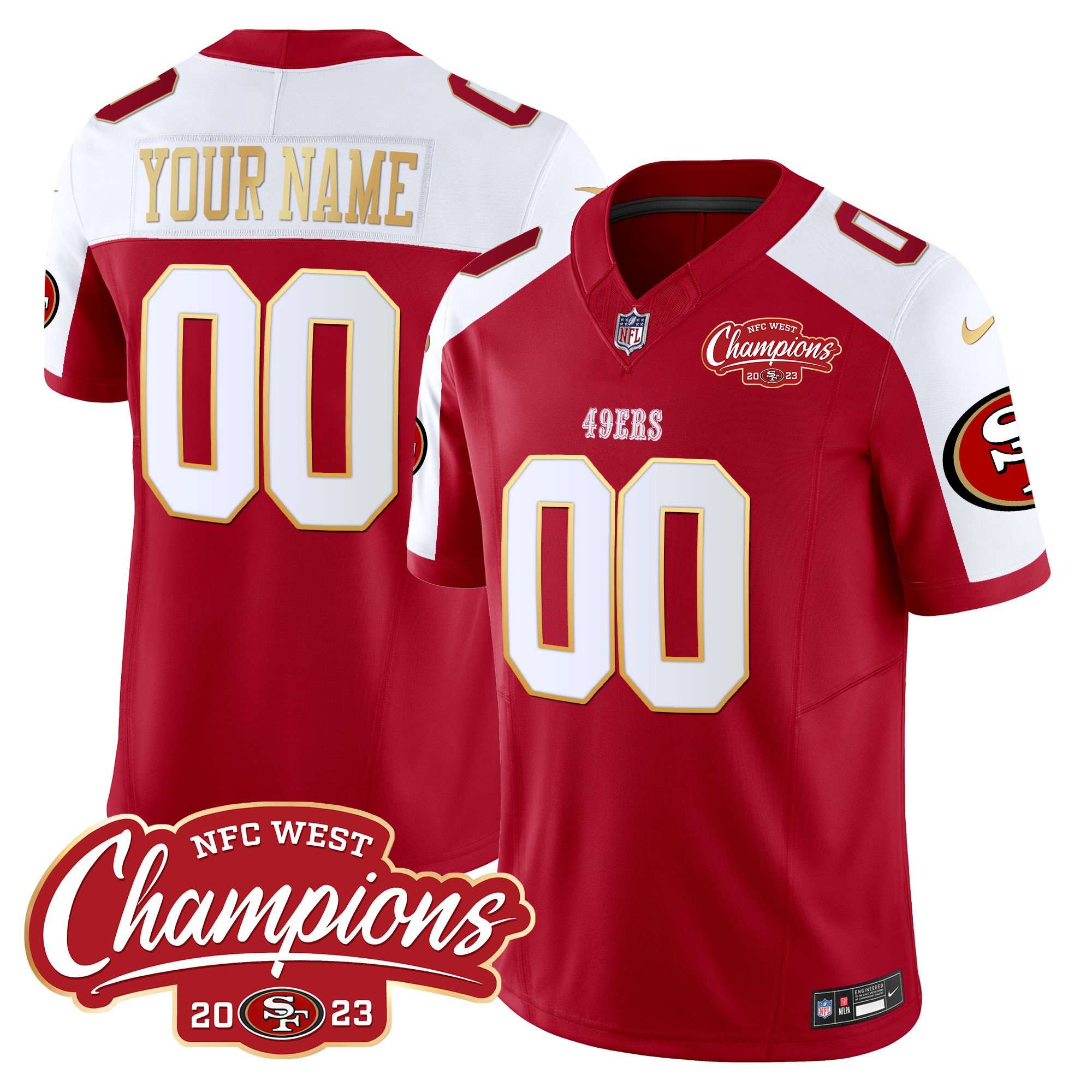 Men's San Francisco 49ers NFC West Champions Gold Trim Vapor Custom Red Alternate Jersey - All Stitched