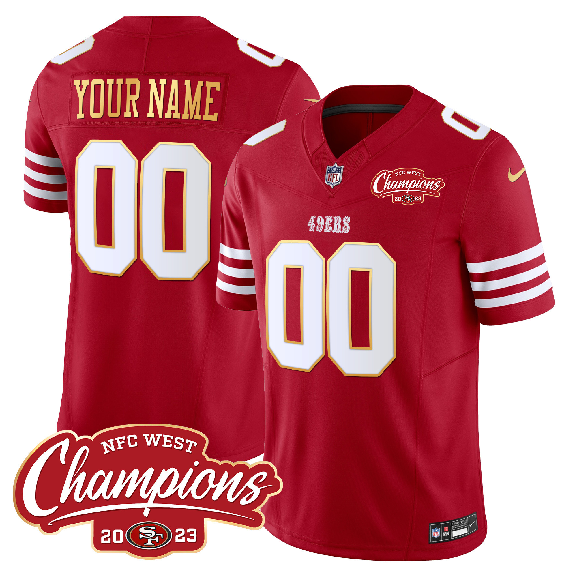 Men's San Francisco 49ers NFC West Champions Gold Trim Vapor Custom Red Jersey - All Stitched