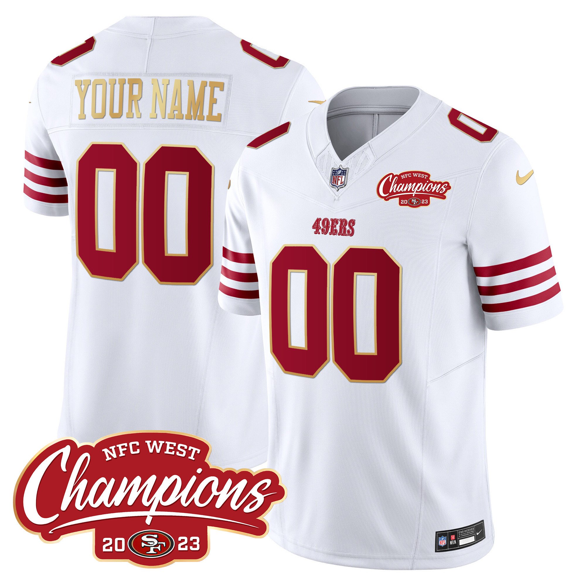 Men's San Francisco 49ers NFC West Champions Gold Trim Vapor Custom White Jersey - All Stitched