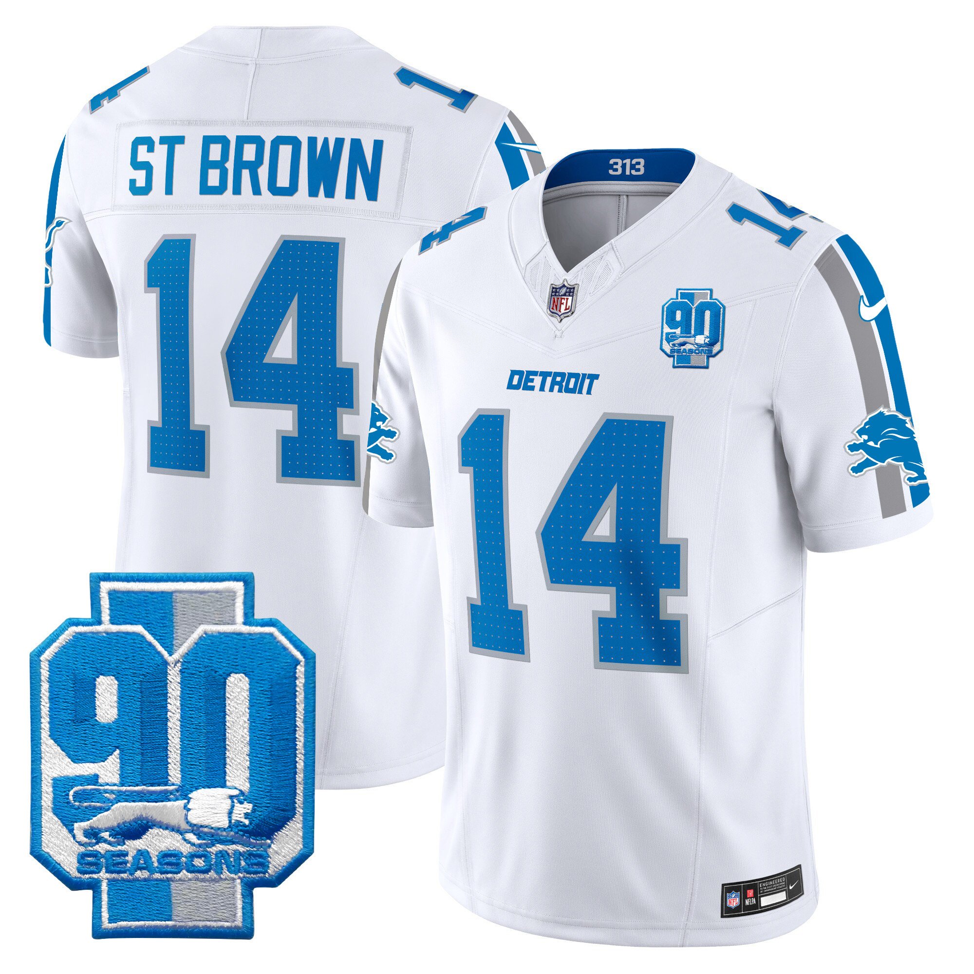 Men's St. Brown Detroit Lions 90th Year Patch Vapor Limited White Jersey - All Stitched