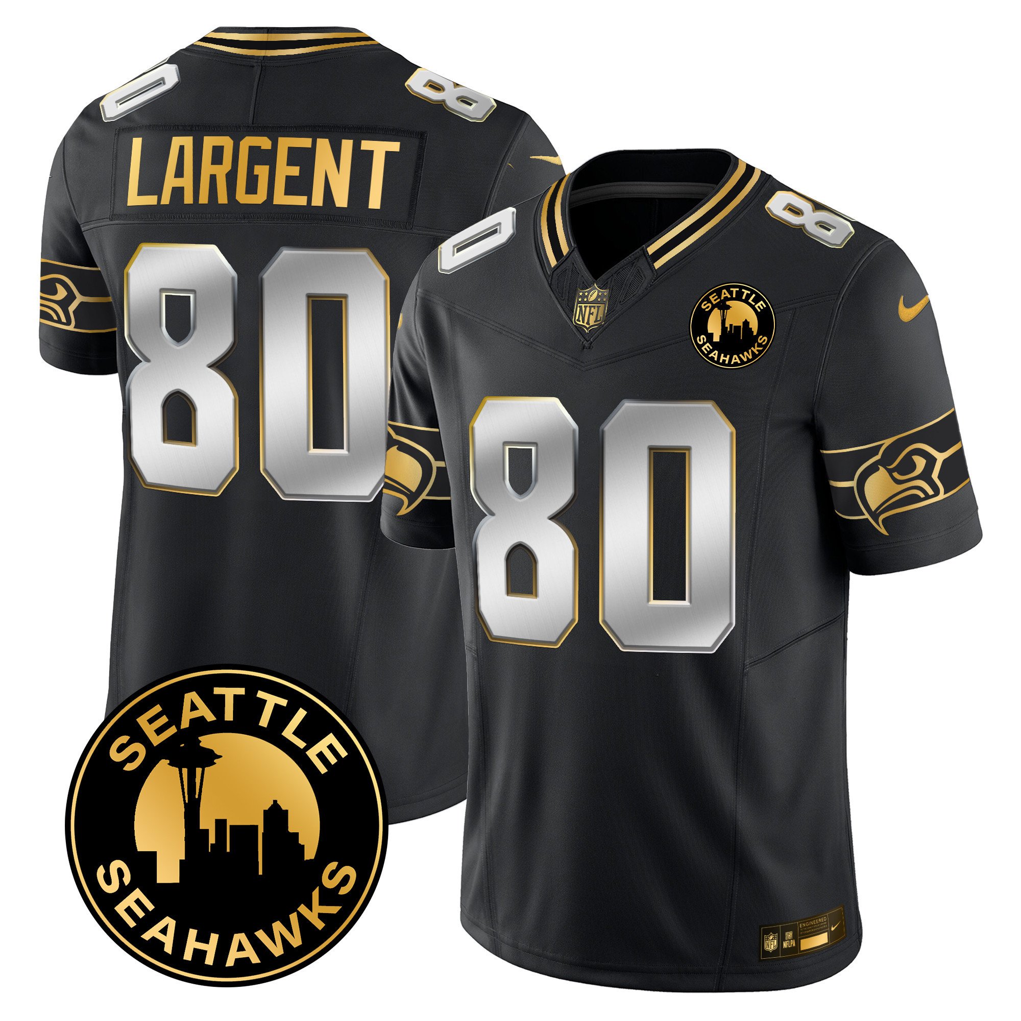 Men's Steve Largent Seattle Seahawks 2024 Seattle City Patch Gold Vapor Limited Black Limited Jersey - All Stitched