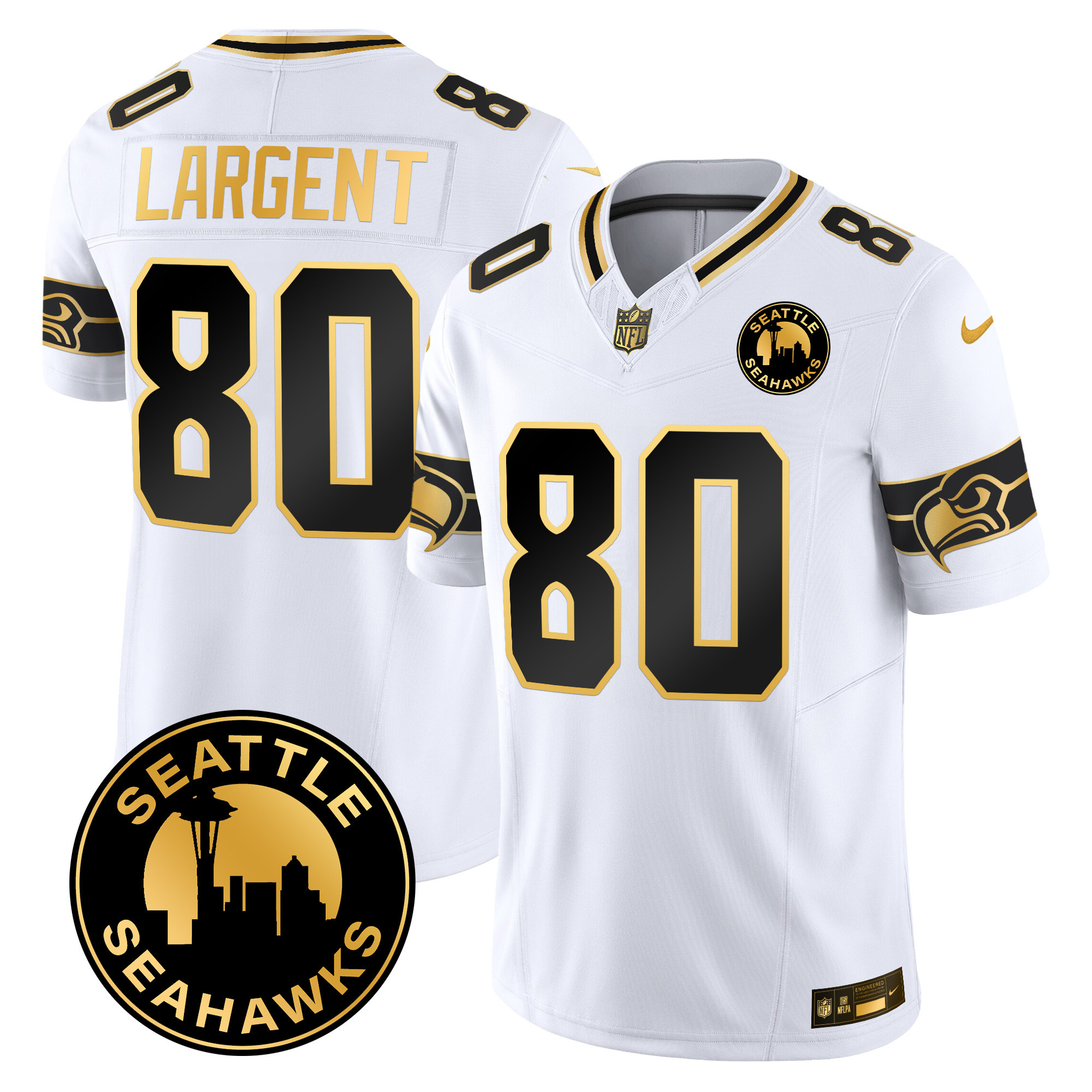 Men's Steve Largent Seattle Seahawks 2024 Seattle City Patch Gold Vapor Limited White Gold Jersey - All Stitched