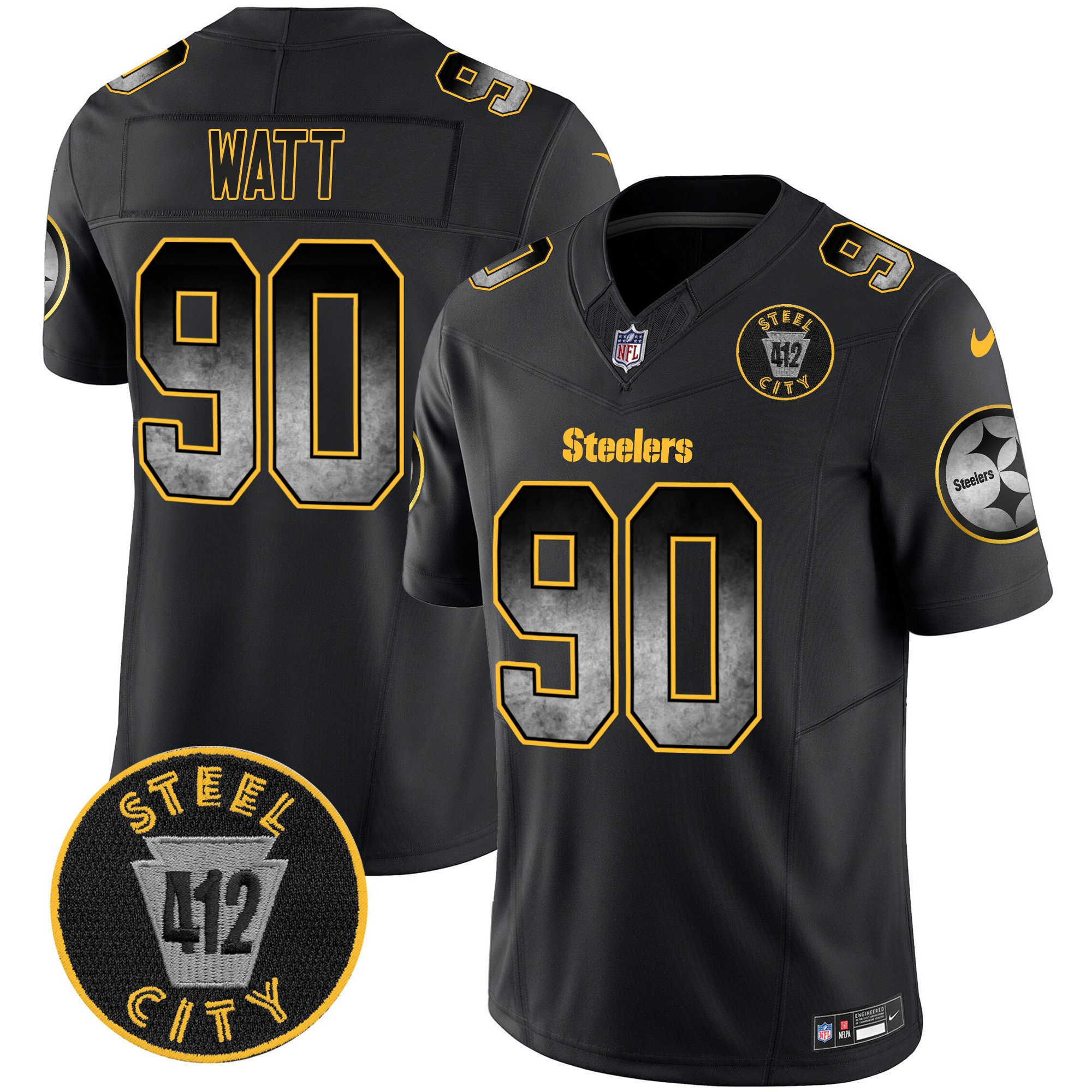 Men's T. J. Watt Pittsburgh Steelers Arch Smoke 412 Patch Vapor Limited Black Jersey - All Stitched