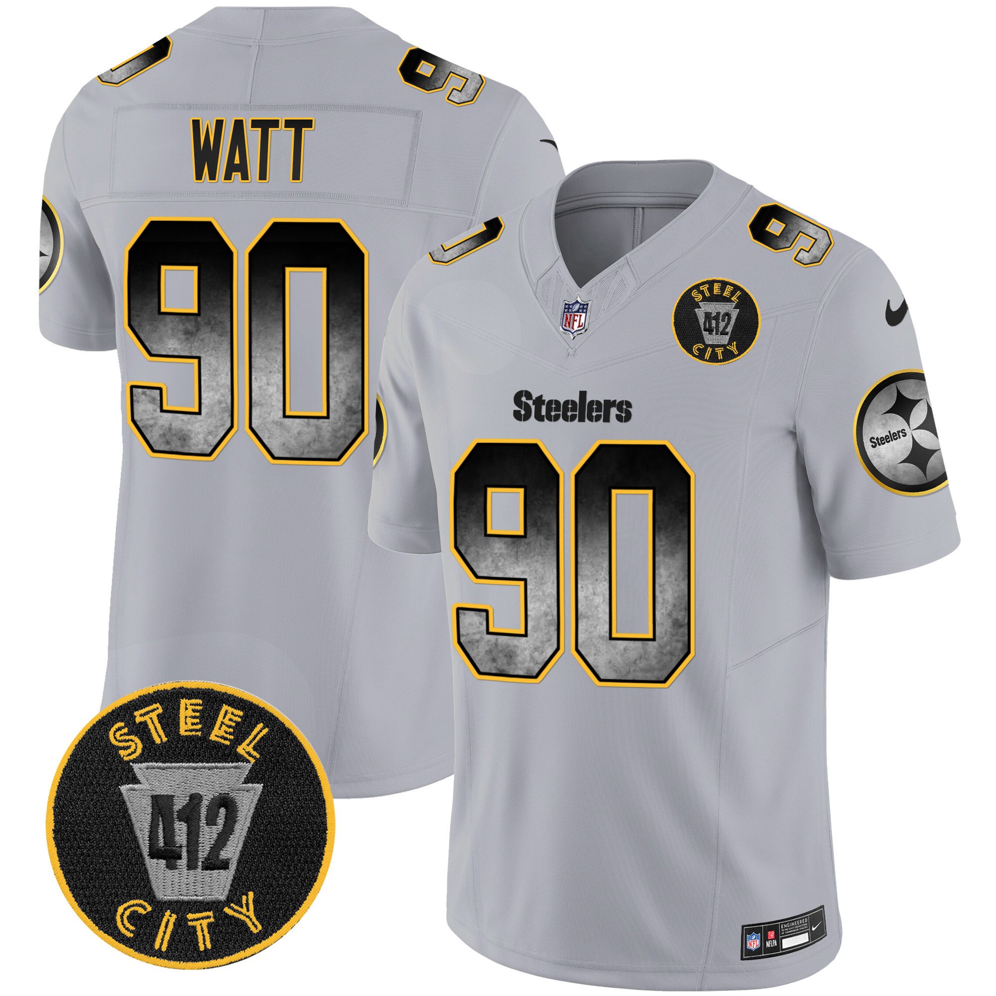 Men's T. J. Watt Pittsburgh Steelers Arch Smoke 412 Patch Vapor Limited Gray Jersey - All Stitched