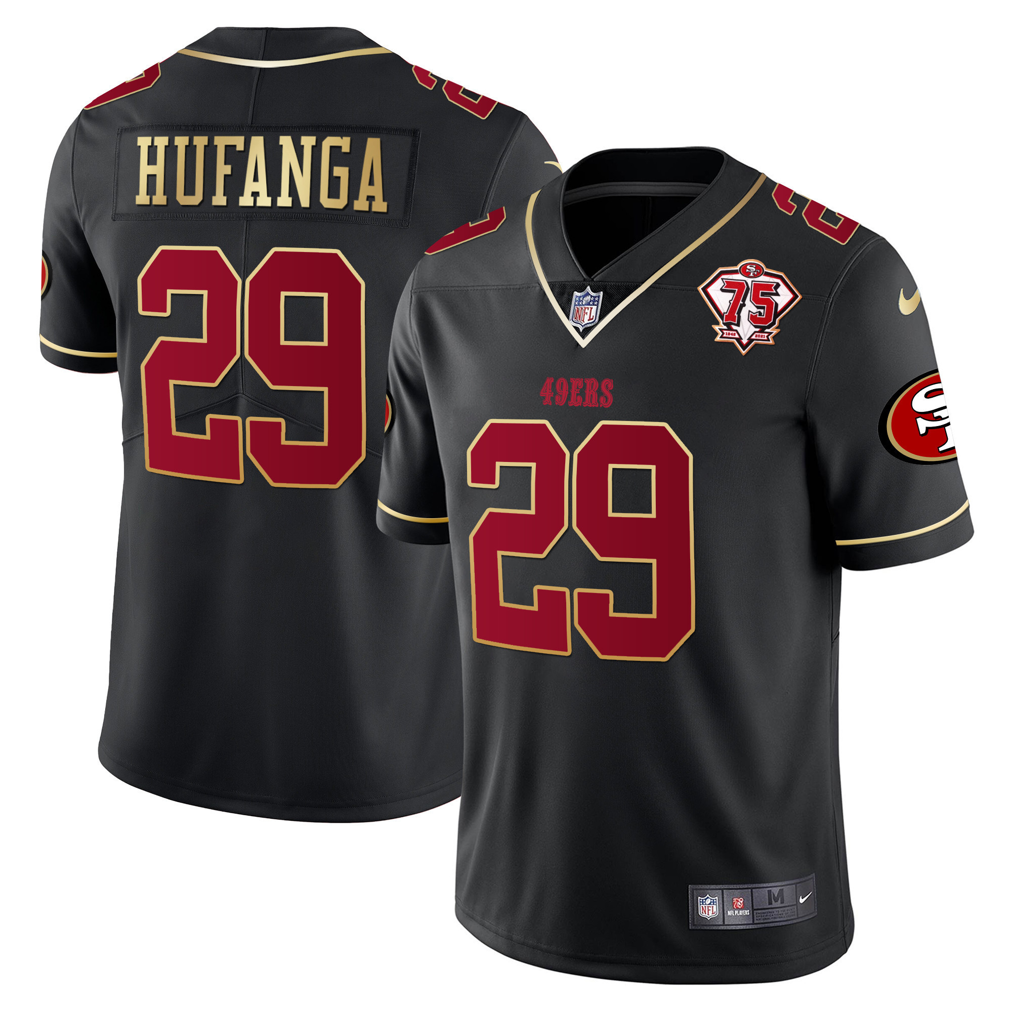 Men's Talanoa Hufanga San Francisco 49ers 75th Anniversary Patch Vapor Gold Trim Black Gold Jersey V2 - All Stitched