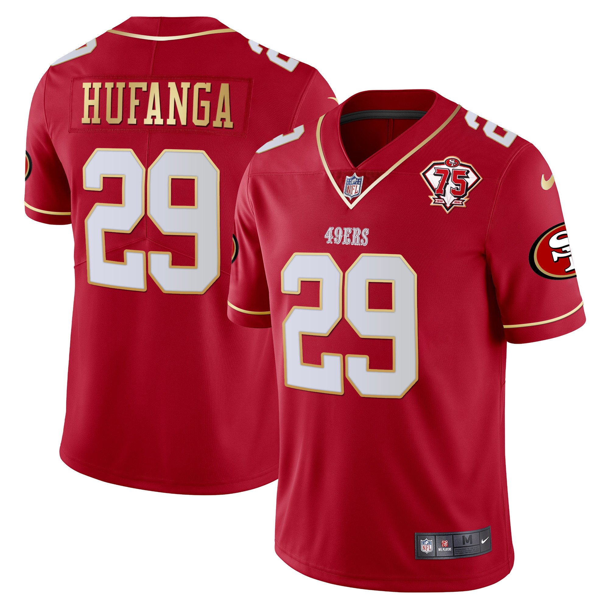 Men's Talanoa Hufanga San Francisco 49ers 75th Anniversary Patch Vapor Gold Trim Red Gold Jersey V2 - All Stitched
