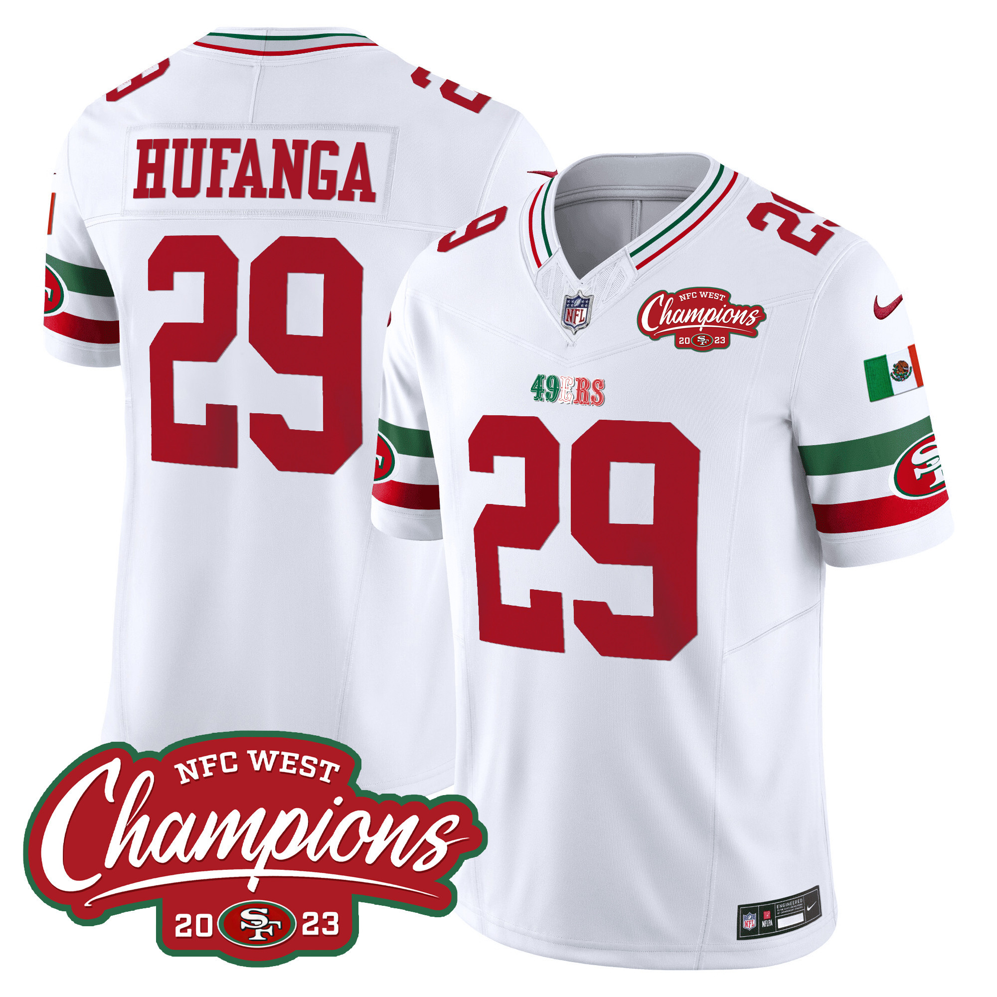 Men's Talanoa Hufanga San Francisco 49ers Mexico 2023 NFC West Champions Patch Vapor White Jersey - All Stitched