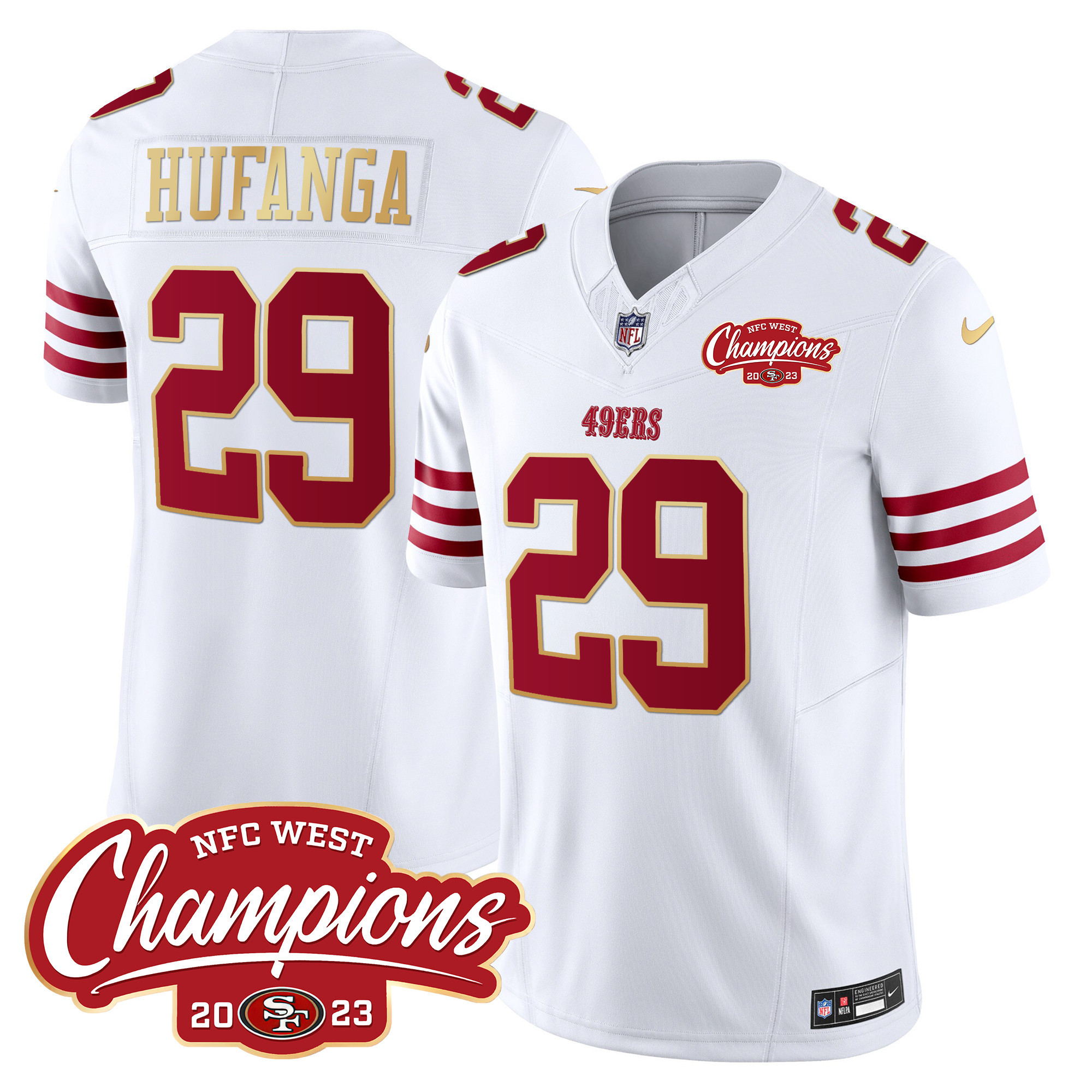 Men's Talanoa Hufanga San Francisco 49ers NFC West Champions Gold Trim Vapor White Jersey - All Stitched