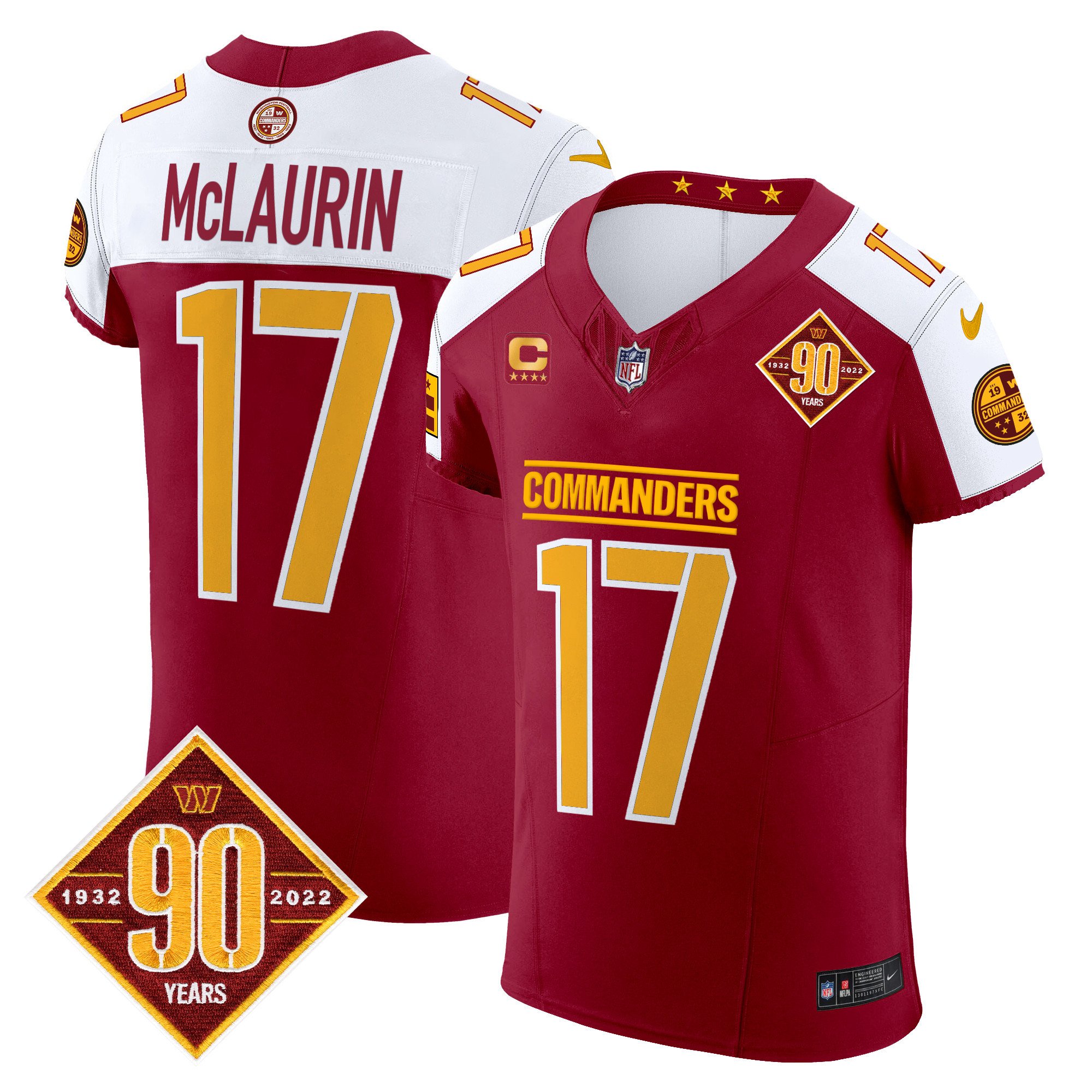 Men's Terry McLaurin Washington Commanders 90th Anniversary Patch Vapor Elite Burgundy Alternate Jersey - All Stitched