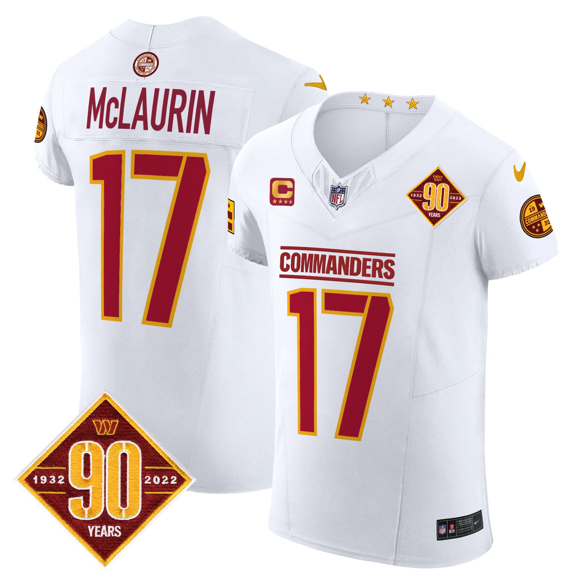 Men's Terry McLaurin Washington Commanders 90th Anniversary Patch Vapor Elite White Jersey - All Stitched