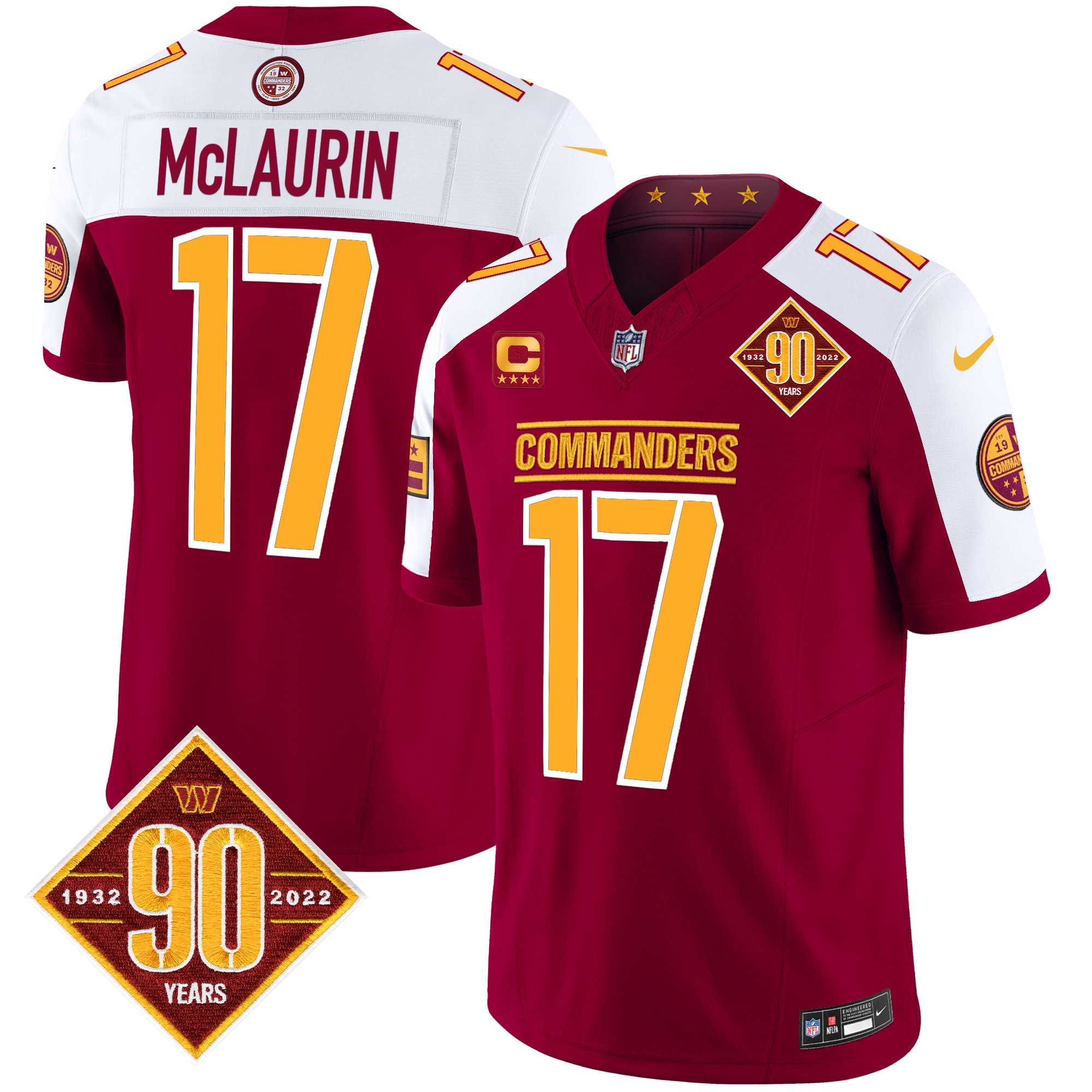 Men's Terry McLaurin Washington Commanders 90th Anniversary Patch Vapor Limited Burgundy Alternate Jersey - All Stitched