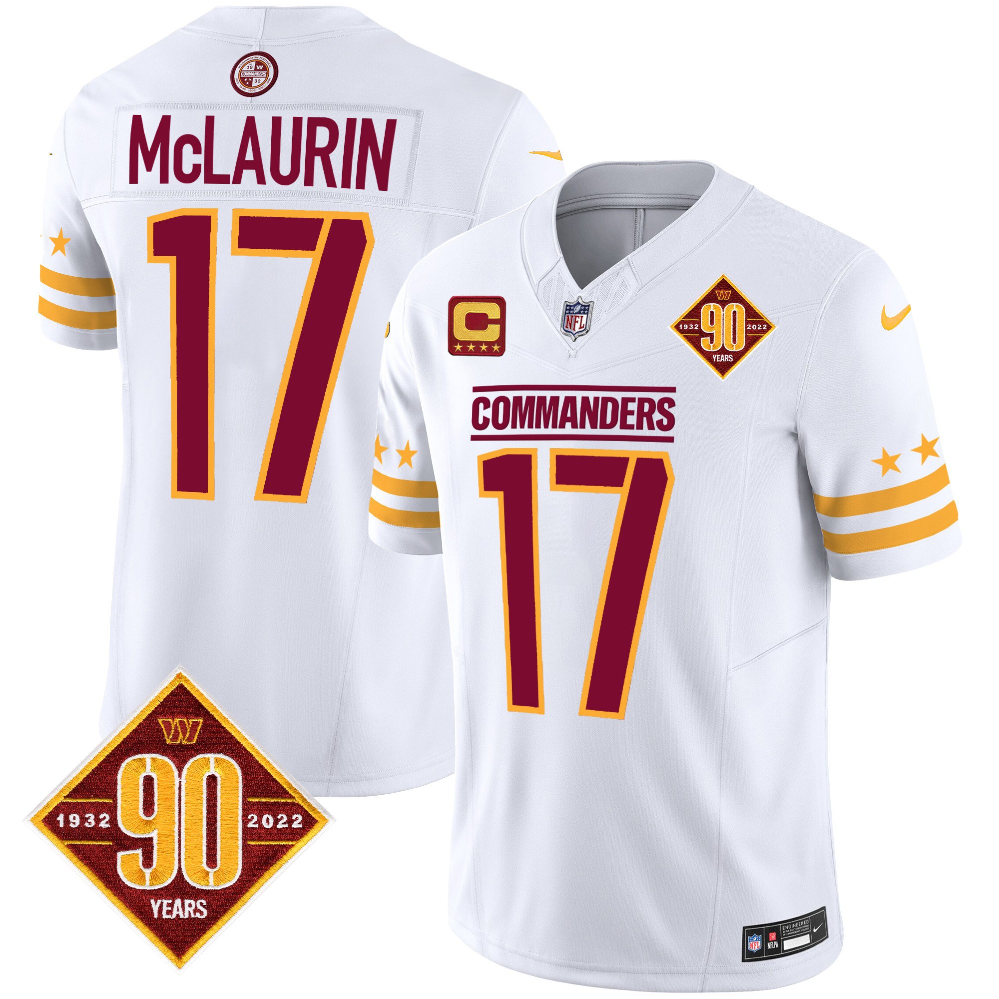 Men's Terry McLaurin Washington Commanders 90th Anniversary Patch Vapor Limited White Jersey - All Stitched