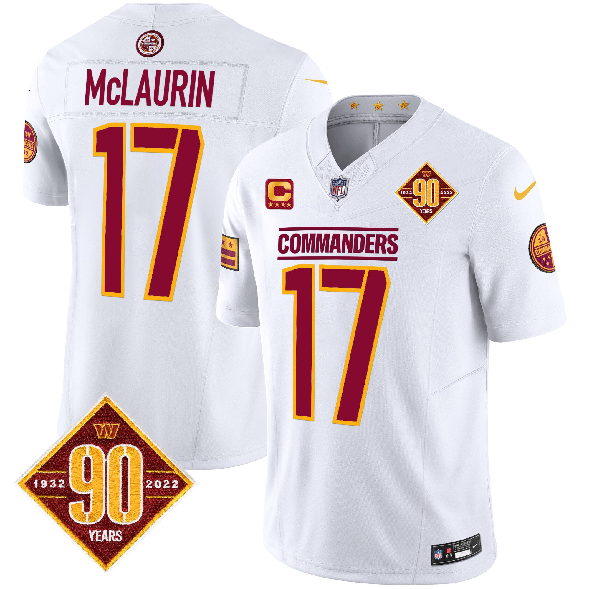 Men's Terry McLaurin Washington Commanders 90th Anniversary Patch Vapor Limited White Jersey - All Stitched