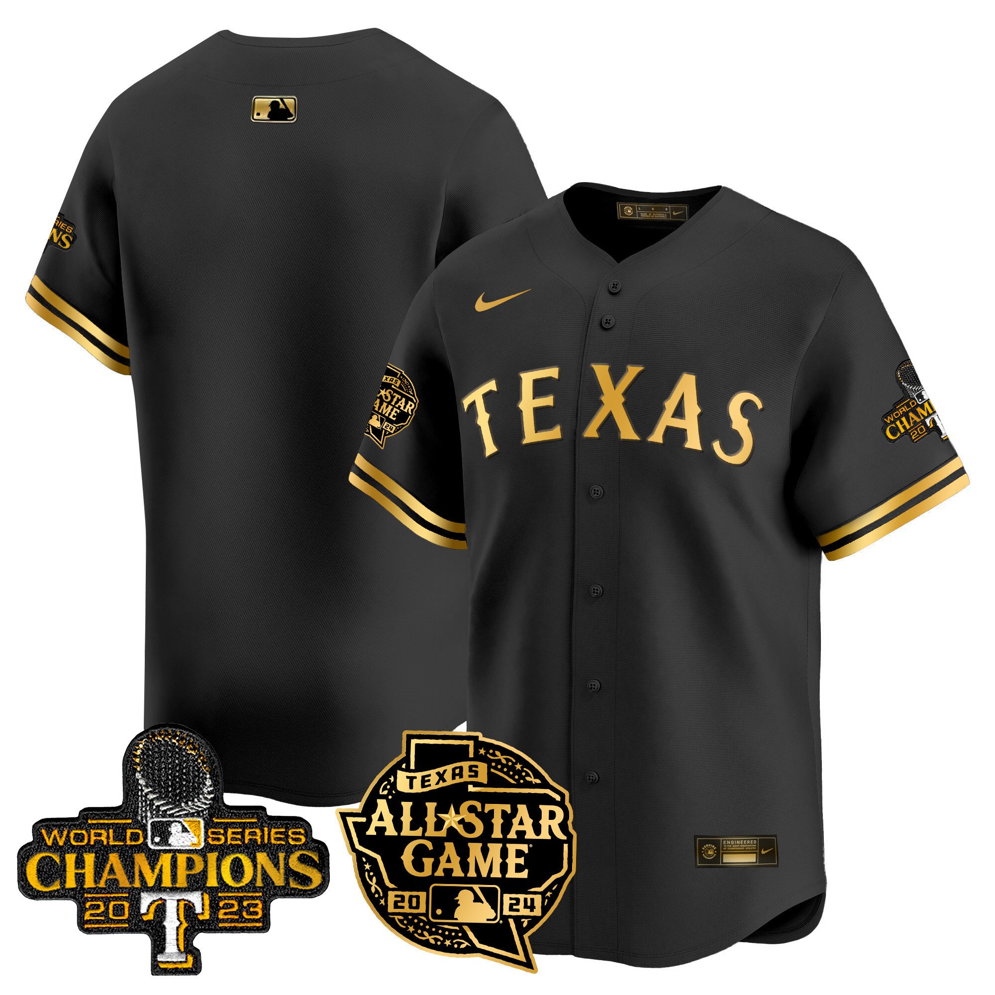 Men's Texas Rangers 2024 All Star Game Patch Vapor Premier Limited Black Gold Jersey - All Stitched