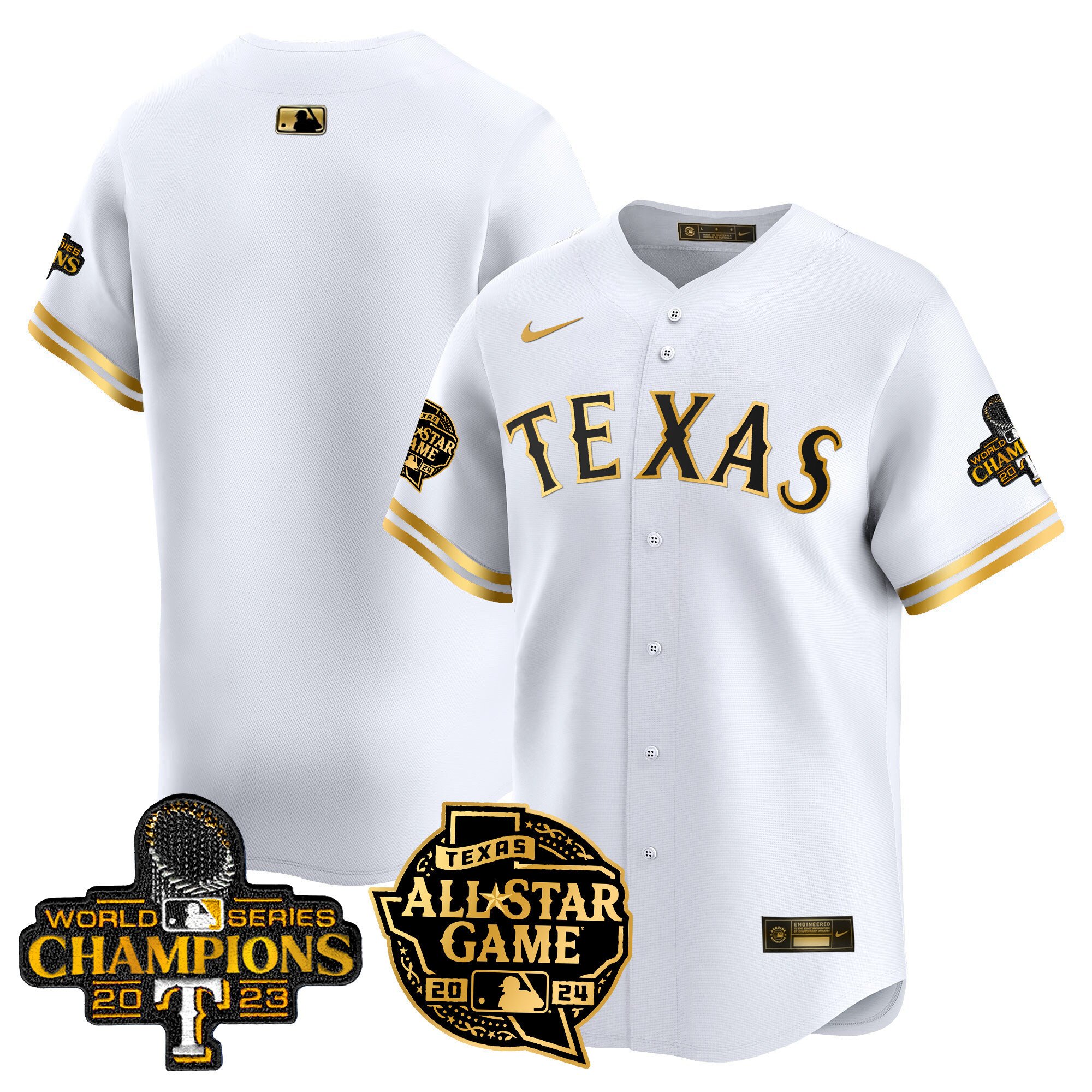 Men's Texas Rangers 2024 All Star Game Patch Vapor Premier Limited White Gold Jersey - All Stitched