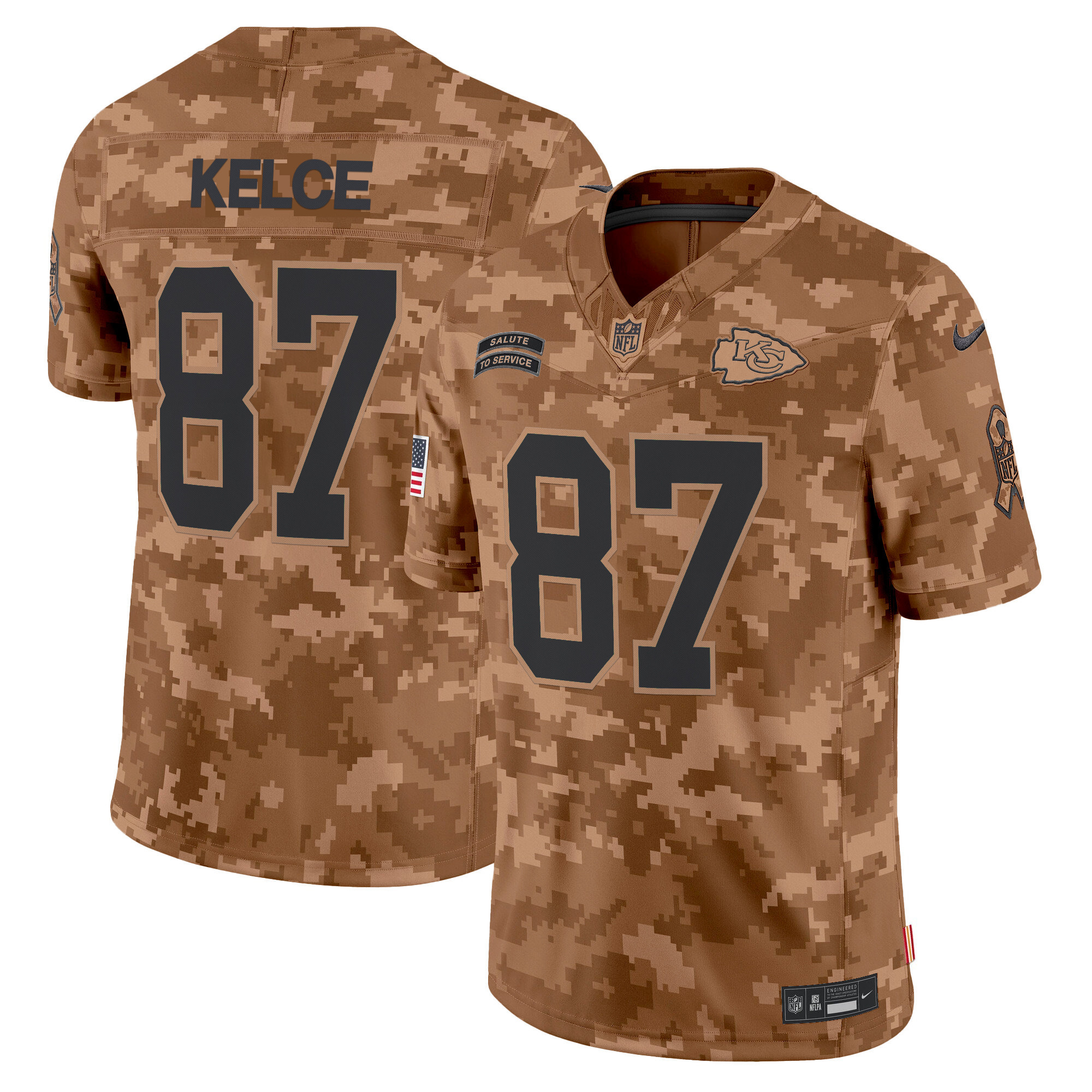 Men's Travis Kelce Kansas City Chiefs 2024 Salute to Service Vapor Limited Brown Camo Jersey - All stitched
