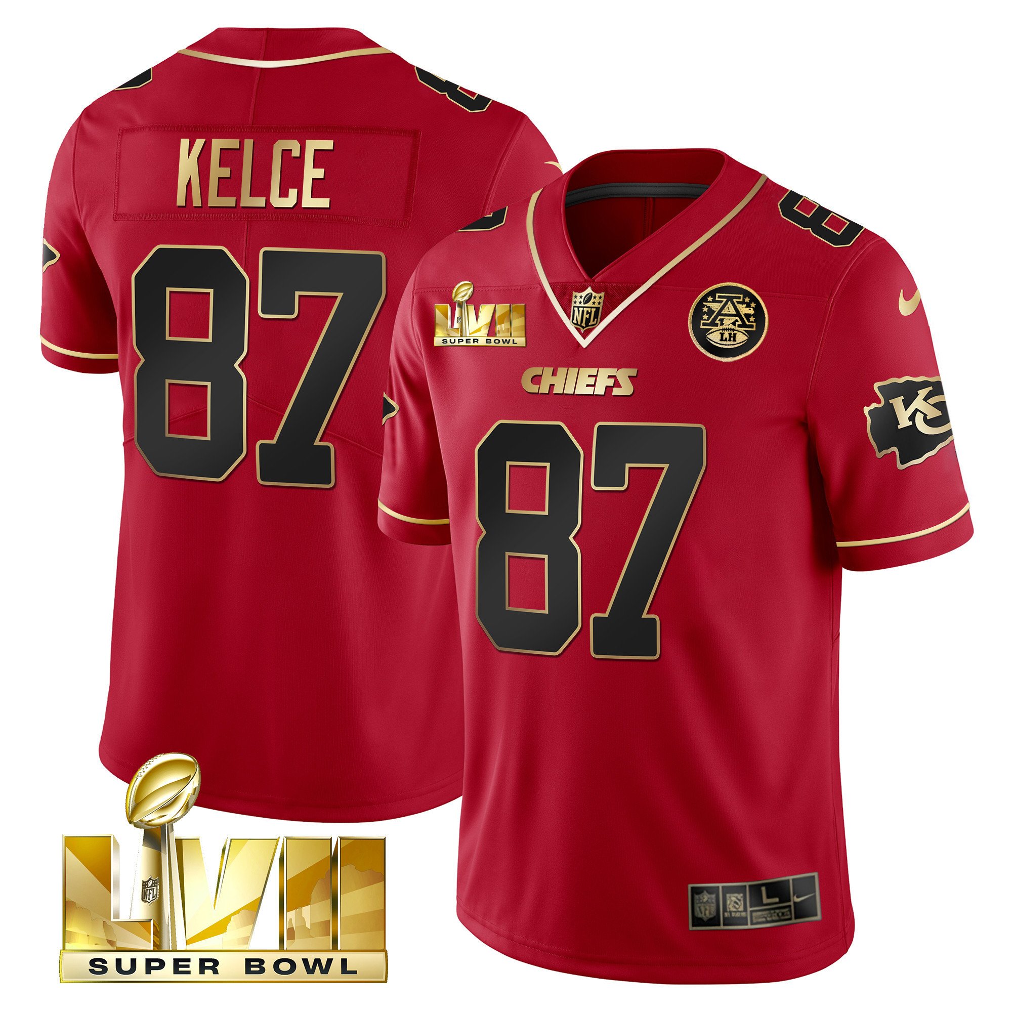 Men's Travis Kelce Kansas City Chiefs Super Bowl LVII Gold Trim Vapor Red Special Jersey - All Stitched