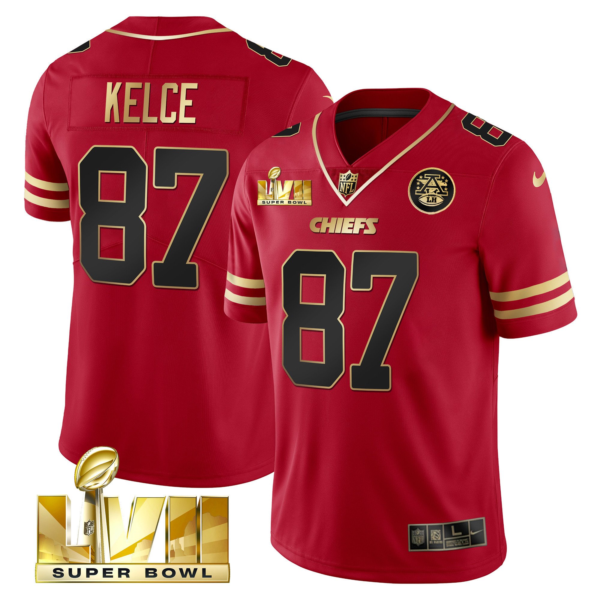 Men's Travis Kelce Kansas City Chiefs Super Bowl LVII Red Gold Vapor Black Red Jersey V2 - All Stitched