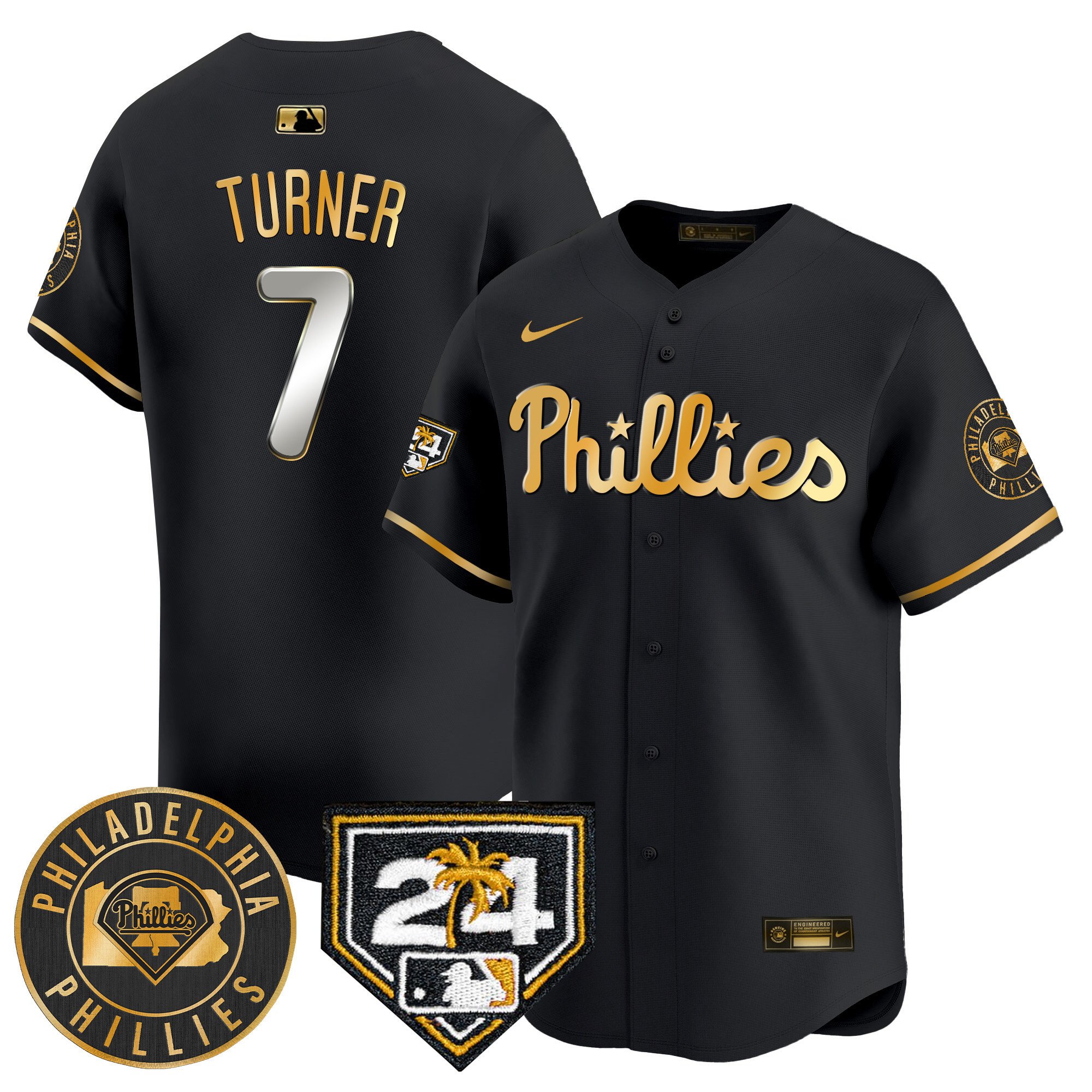 Men's Trea Turner Philadelphia Phillies 2024 Spring Training Patch Vapor Premier Limited Black Gold Jersey V2 - All Stitched